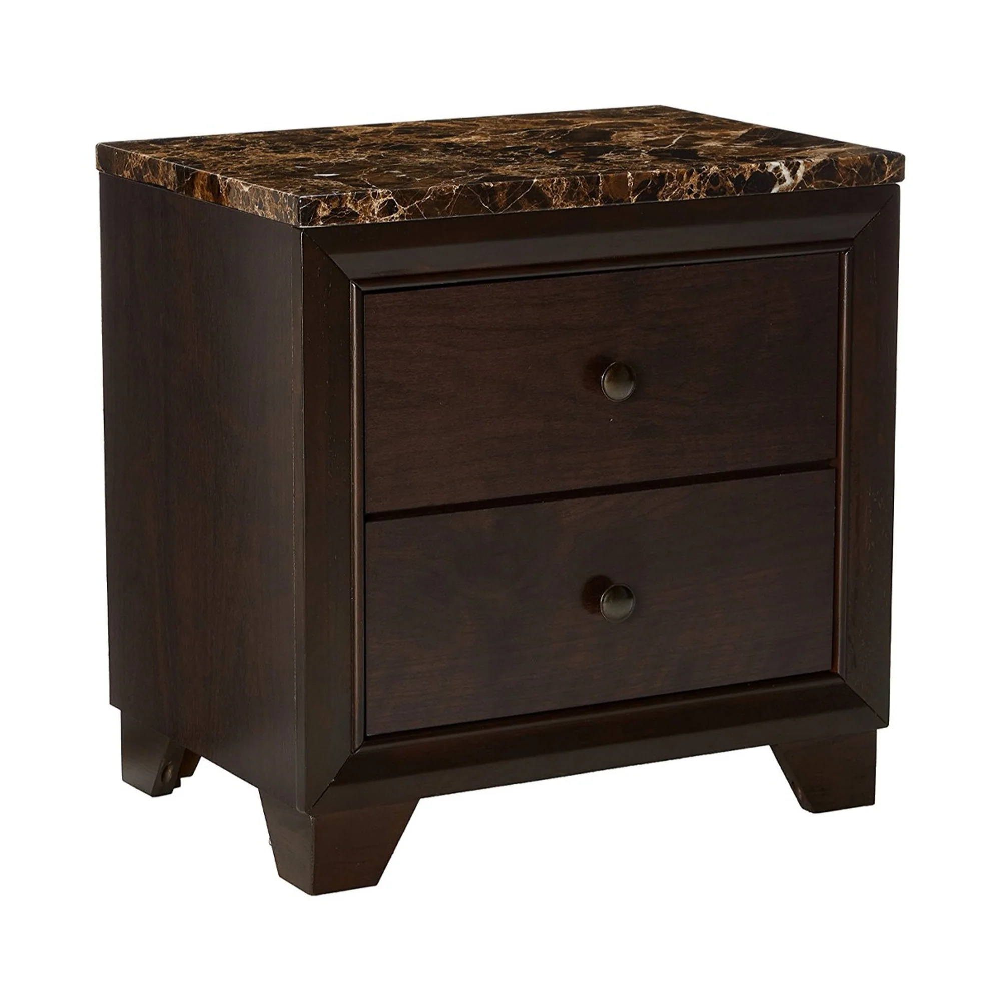 2 Drawer Wooden Nightstand With Faux Marble Top, Cappuccino Brown By Benzara - Image 6