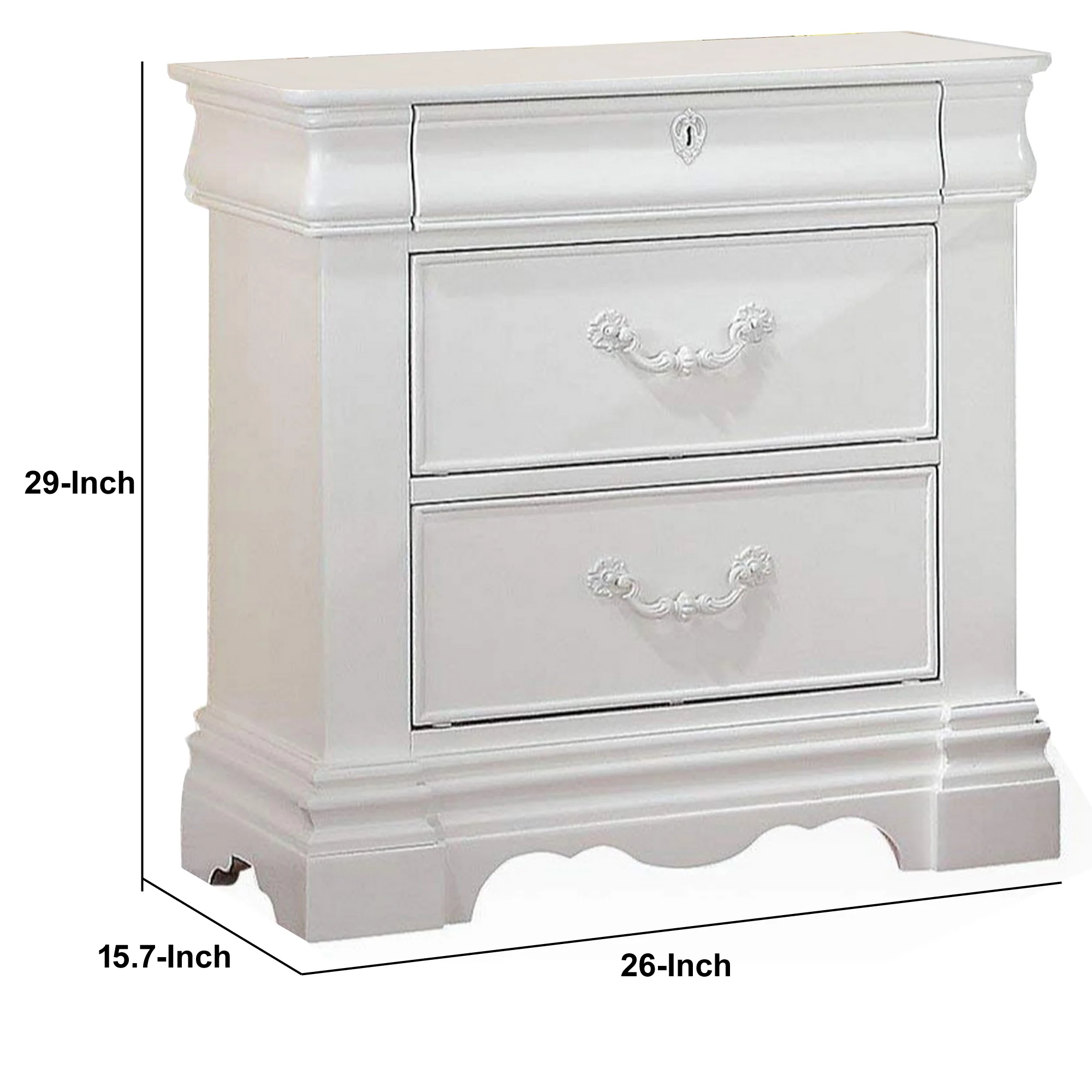 2 Drawer Wooden Nightstand with Hanging Pulls and Bracket Feet, White By Benzara - Image 2