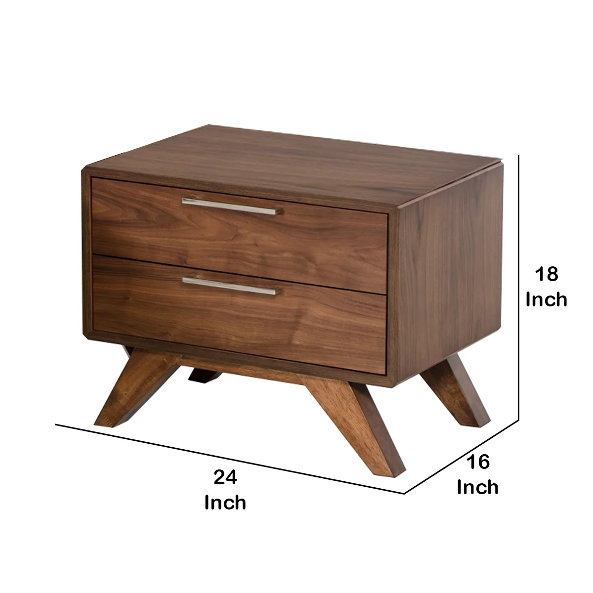 2 Drawer Wooden Nightstand with Metal Bar Handles and Angled Legs, Brown - BM219286 By Benzara - Image 5