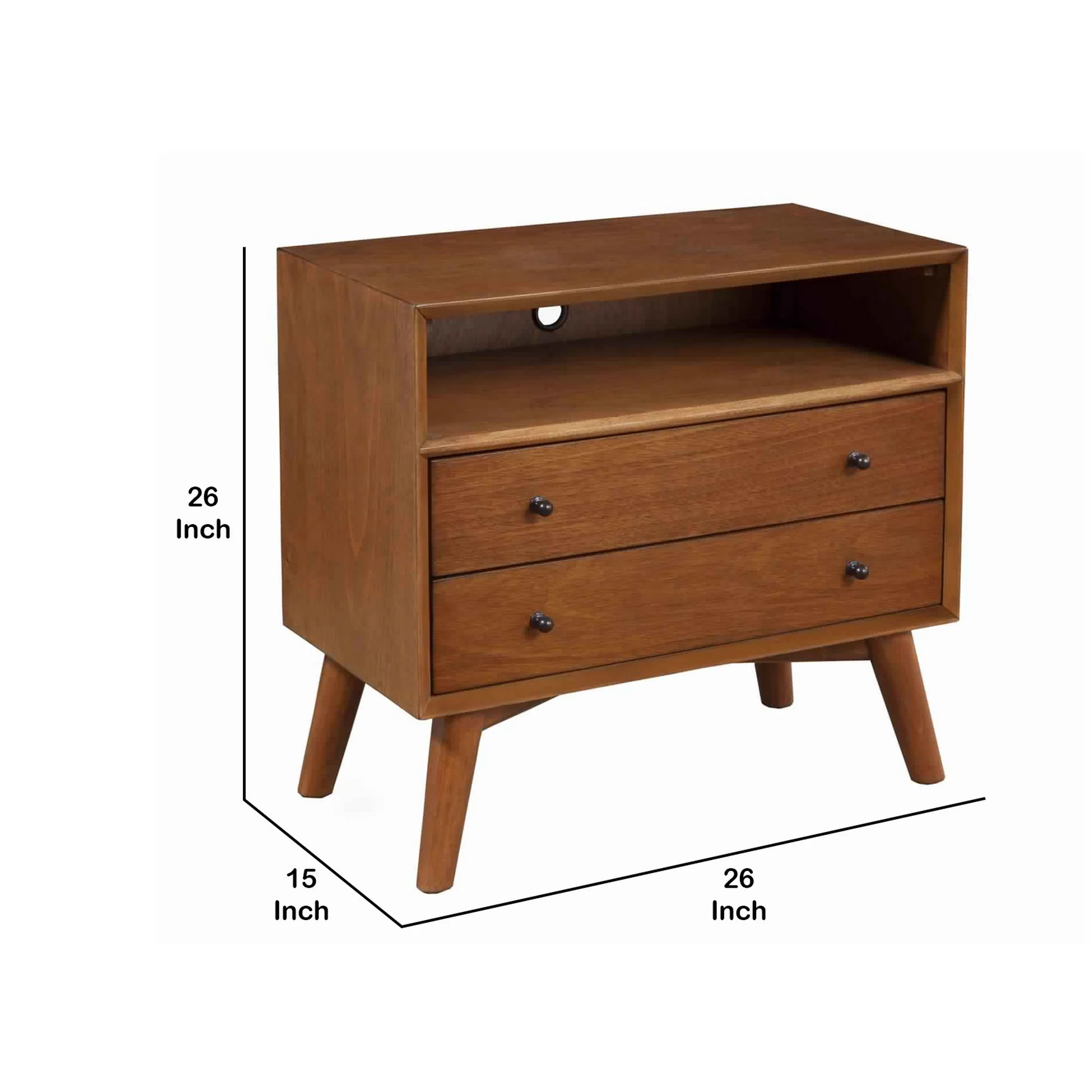 2 Drawer Wooden Nightstand With Open Compartment And Splayed Legs, Brown By Benzara - Image 5