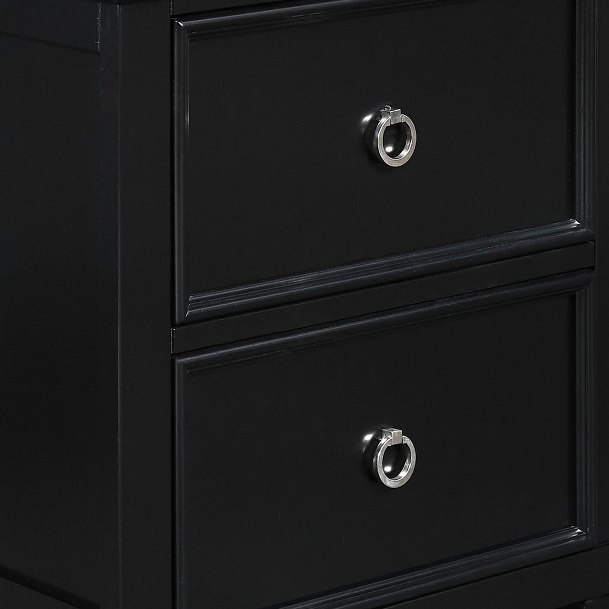 2 Drawer Wooden Nightstand With Tapered Legs And Metal Rings, Black By Benzara - Image 3