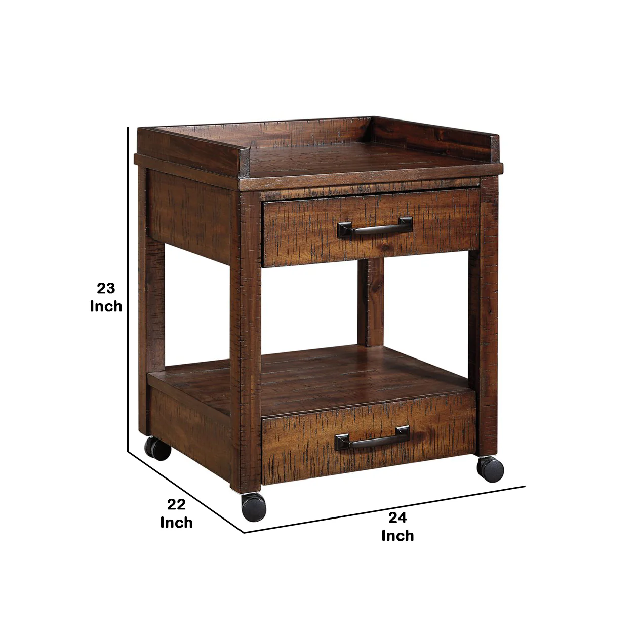 2 Drawers And 1 Open Compartment Wooden Printer Stand With Casters, Brown By Benzara - Image 5