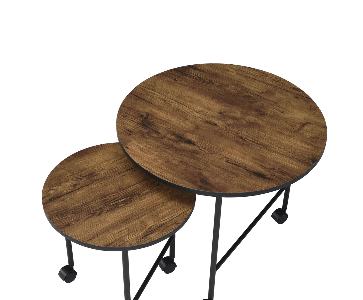 2 Piece Round Nesting End Table with Casters, Oak Brown and Black By Benzara - Image 2