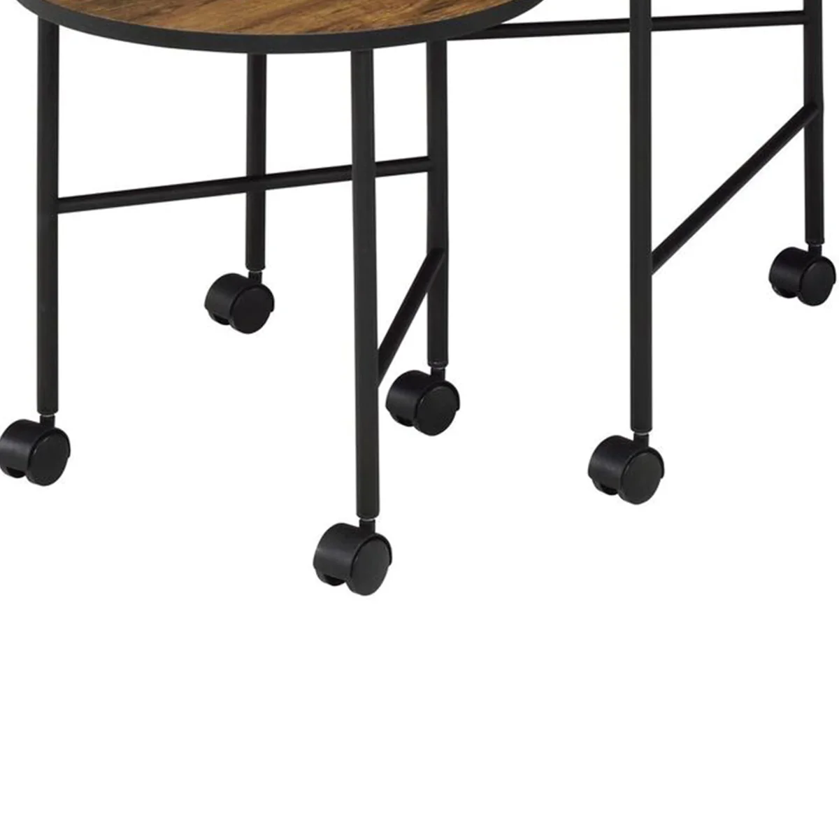2 Piece Round Nesting End Table with Casters, Oak Brown and Black By Benzara - Image 3