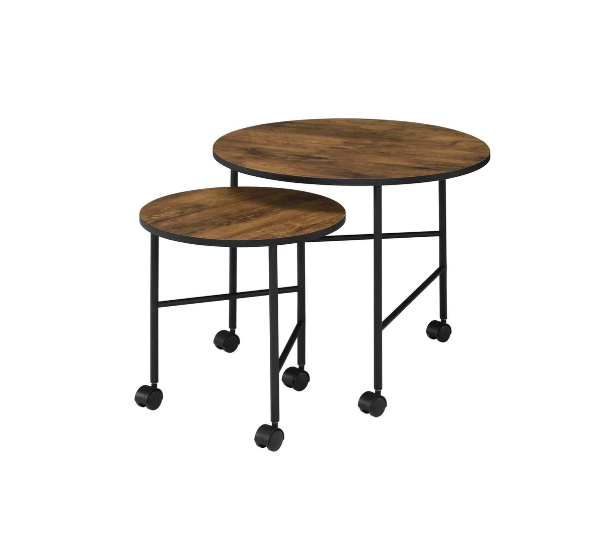 2 Piece Round Nesting End Table with Casters, Oak Brown and Black By Benzara - Image 4