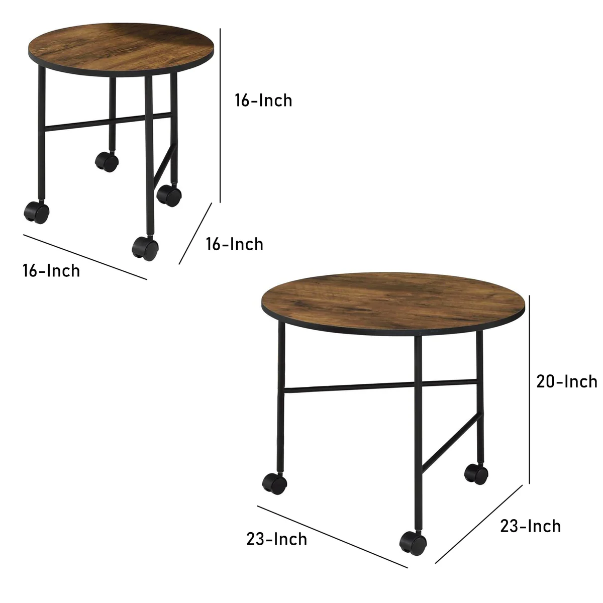 2 Piece Round Nesting End Table with Casters, Oak Brown and Black By Benzara - Image 5