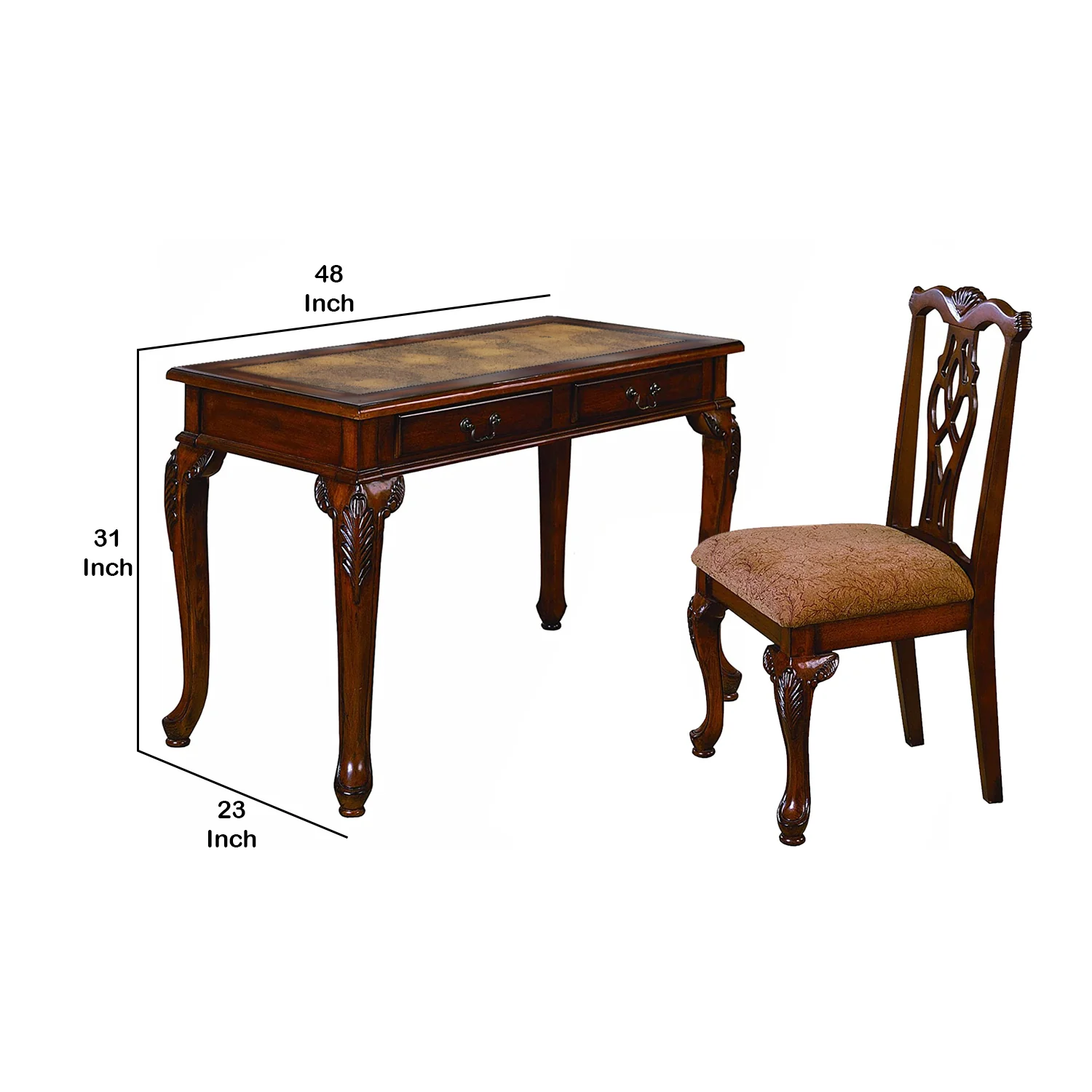 2 Piece Wooden Desk And Chair Set With Cabriole Legs Support Brown By Benzara - Image 4