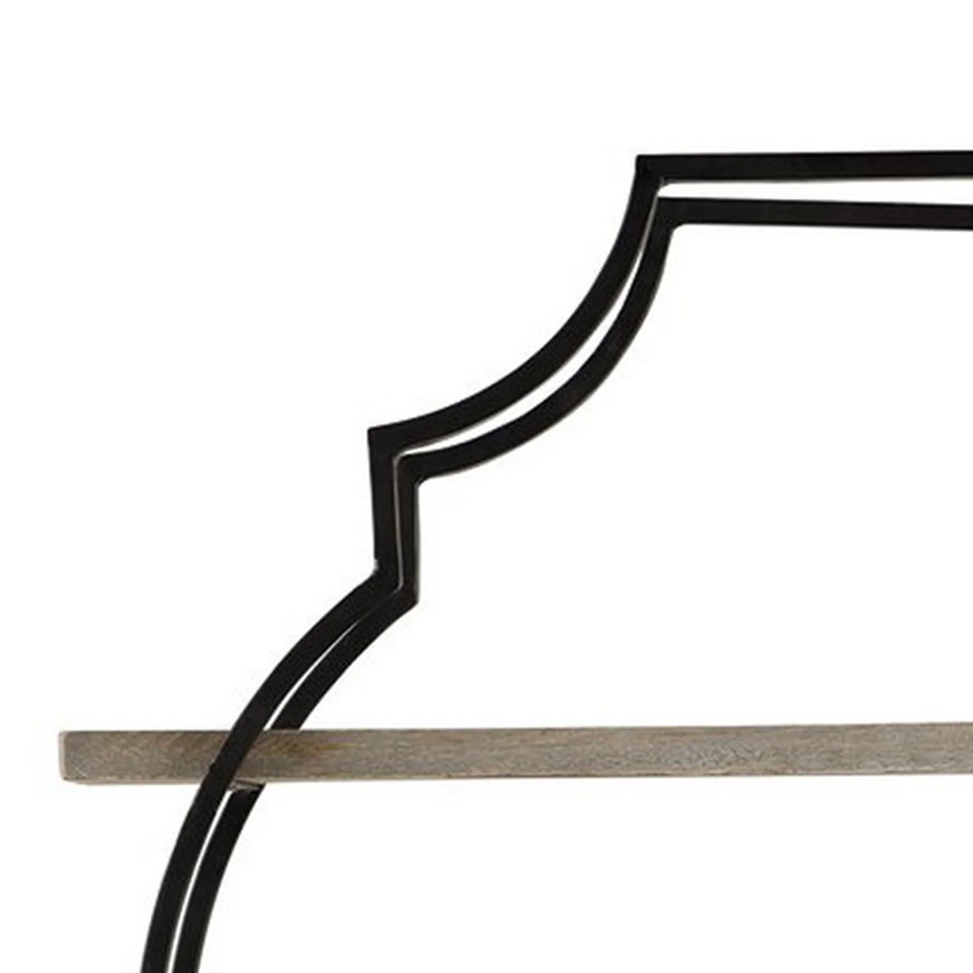 2 Tier Wooden Wall Shelf With Quatrefoil Design Open Metal Frame Black By Benzara - Image 3