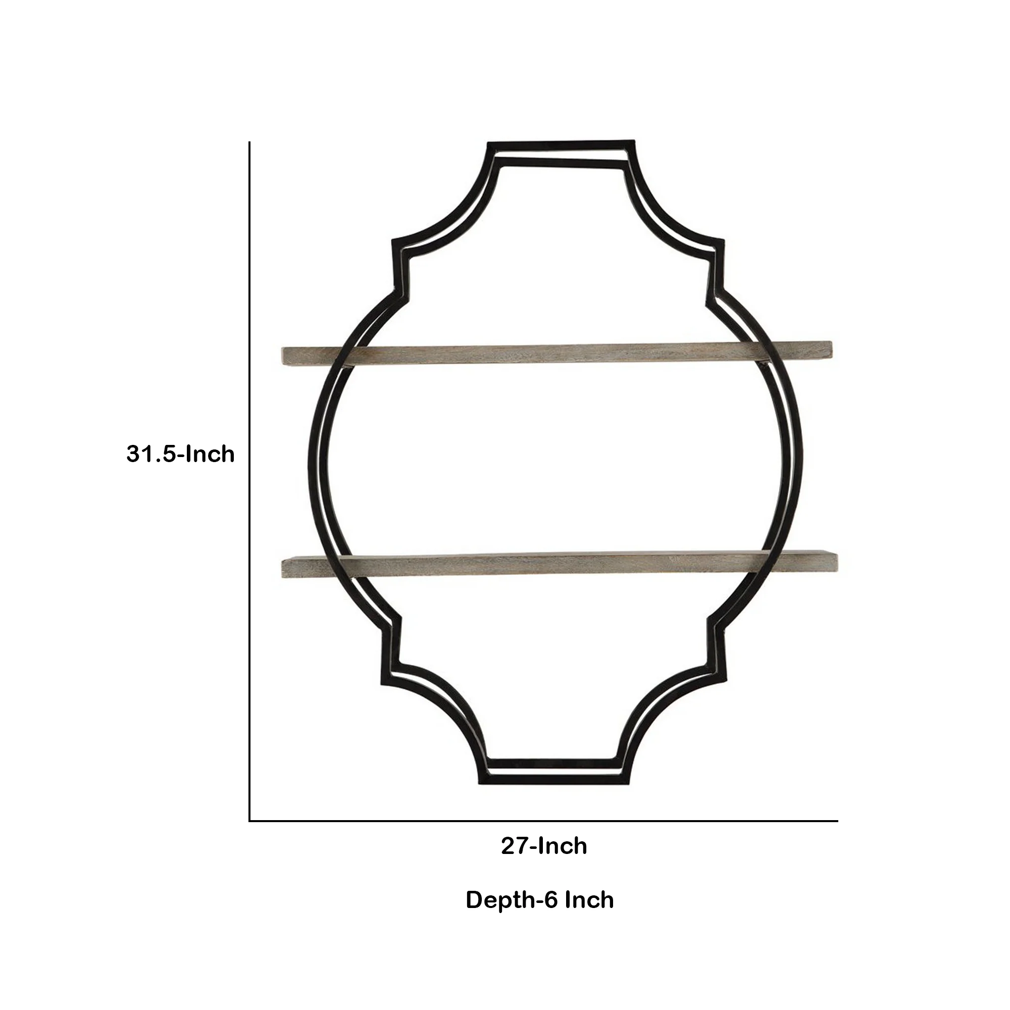 2 Tier Wooden Wall Shelf With Quatrefoil Design Open Metal Frame Black By Benzara - Image 5