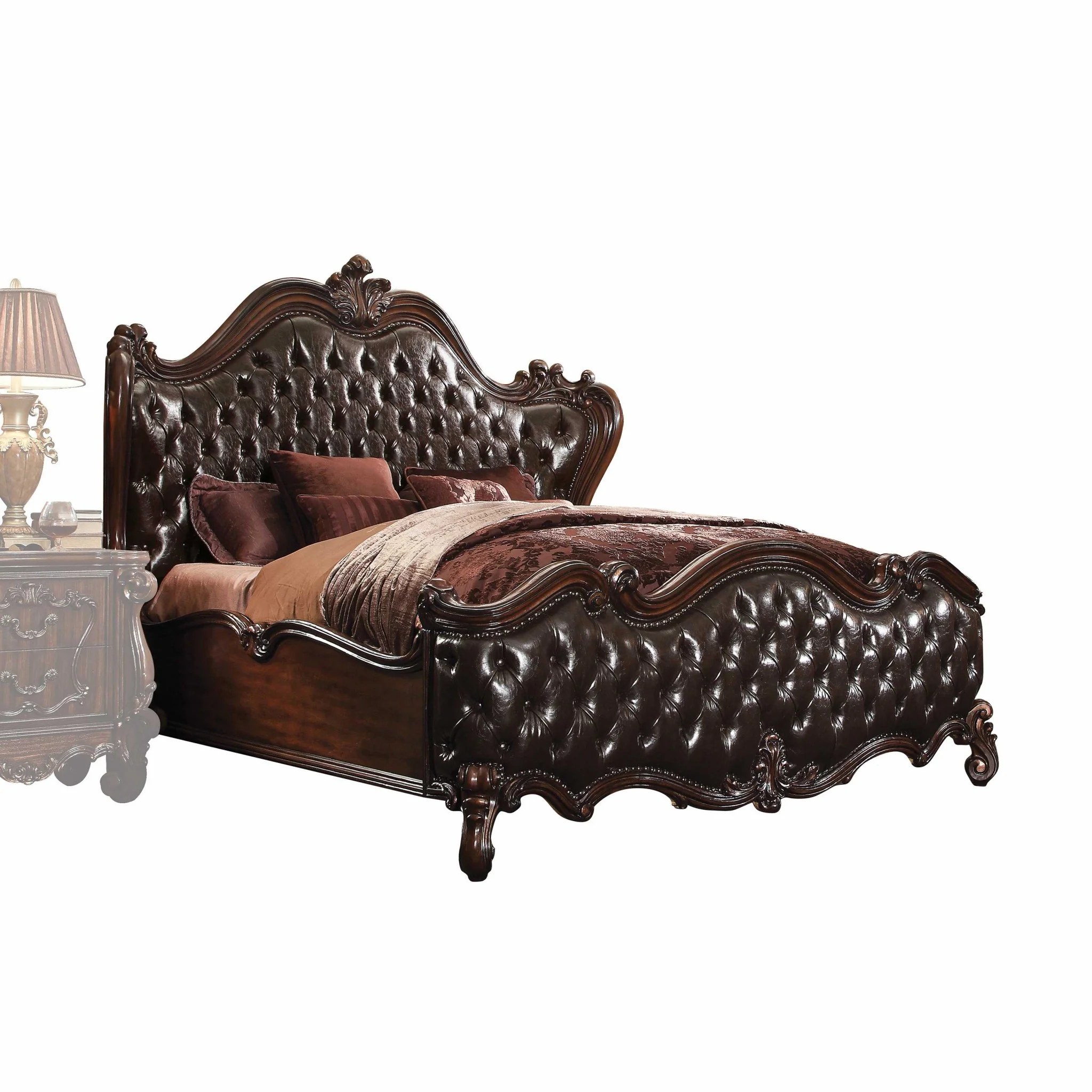 2-Tone Dark Brown PU Cherry Oak Wood Poly Resin Upholstery California King Bed By Homeroots - Image 2