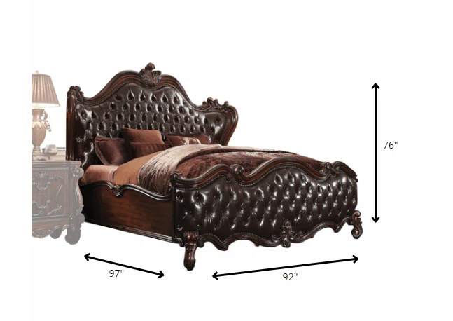 2-Tone Dark Brown PU Cherry Oak Wood Poly Resin Upholstery Eastern King Bed By Homeroots - Image 3