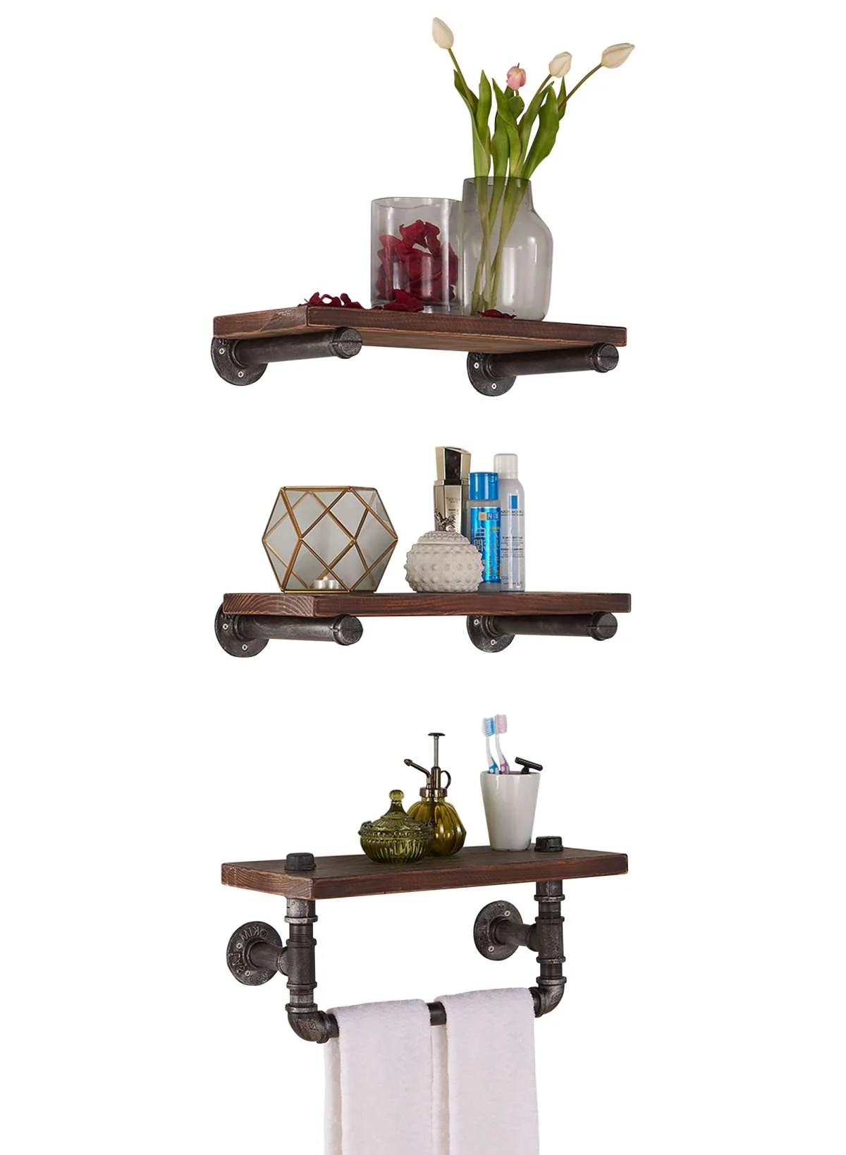 20" Conrad Industrial Pine Wood Floating Wall Shelf in Gray and Walnut Finish By Armen Living - Image 2