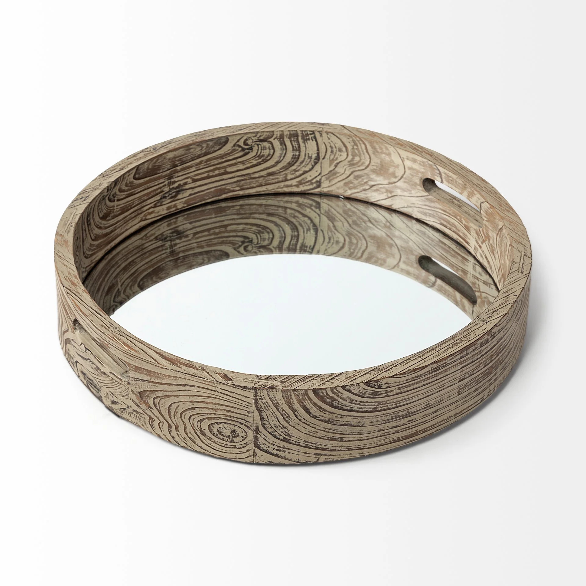 20' Round Natural Finish Wood Mirrored Glass Bottom Tray By Homeroots - Image 3