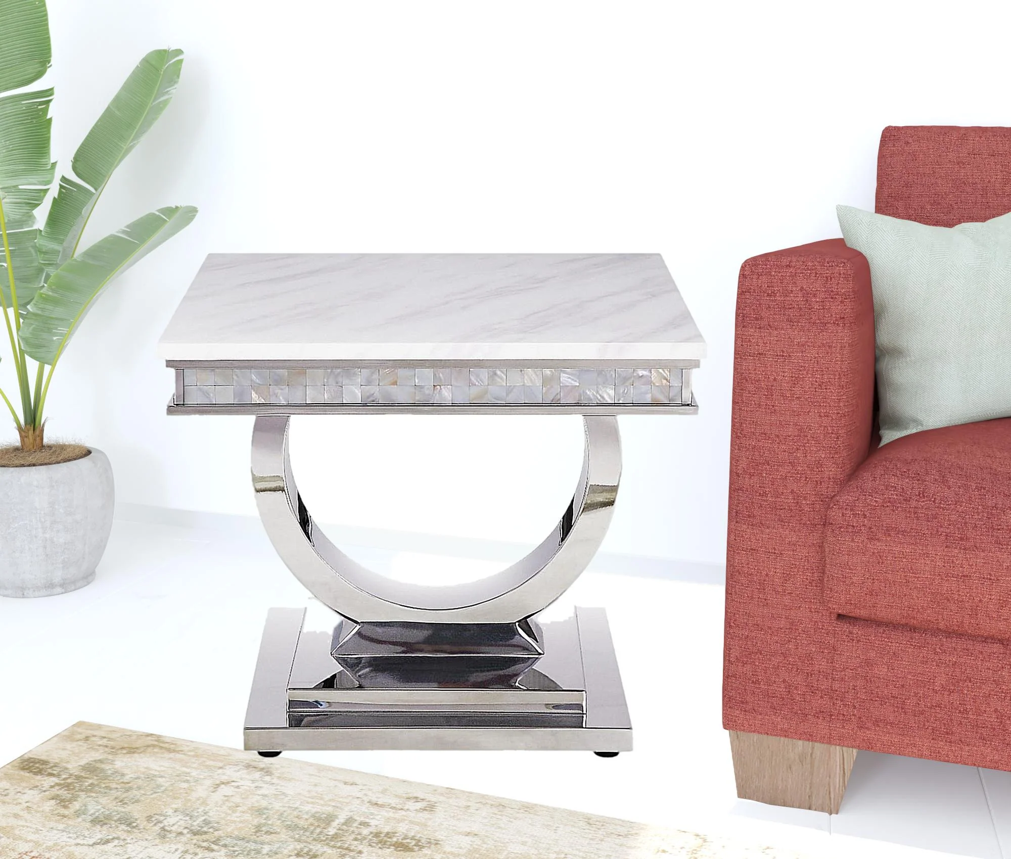 20" Silver And White Marble Look Stainless Steel Square End Table By Homeroots - Image 3