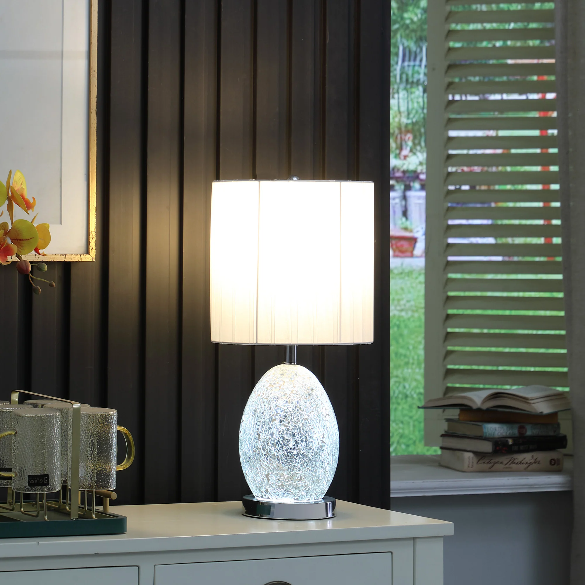 20" White Luster Mirrored Glass Table Lamp With Night Light By Homeroots - Image 4