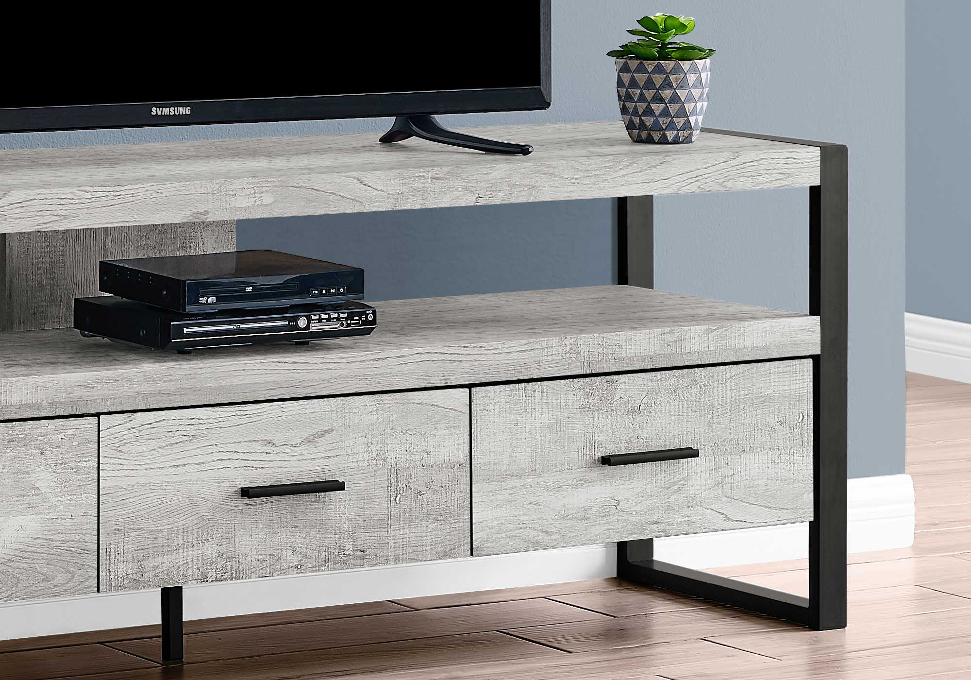 21.75" Grey Particle Board Hollow Core & Black Metal TV Stand With 3 Drawers By Homeroots - Image 3
