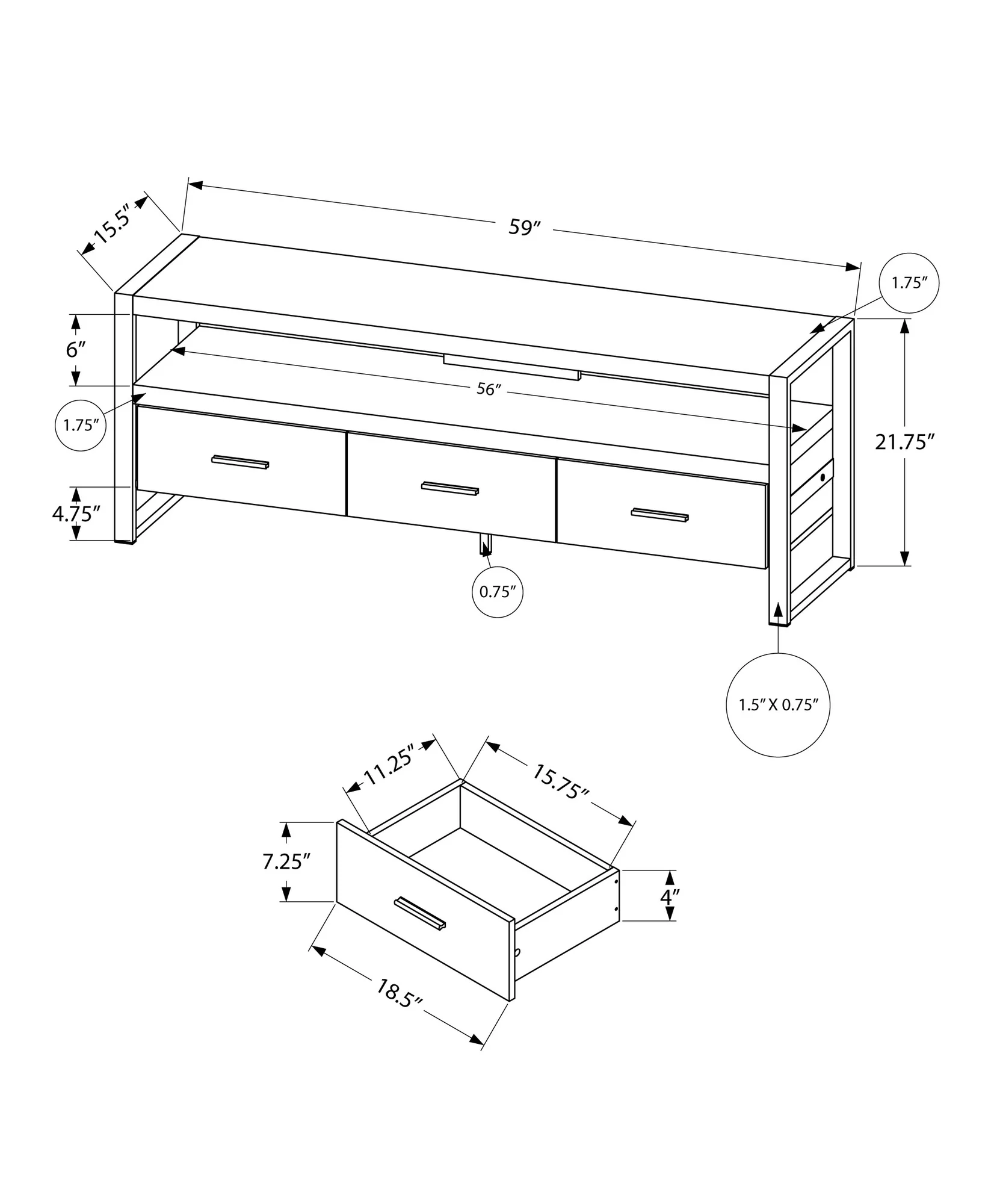 21.75" Particle Board Hollow Core & Black Metal TV Stand with 3 Drawers By Homeroots - Image 4
