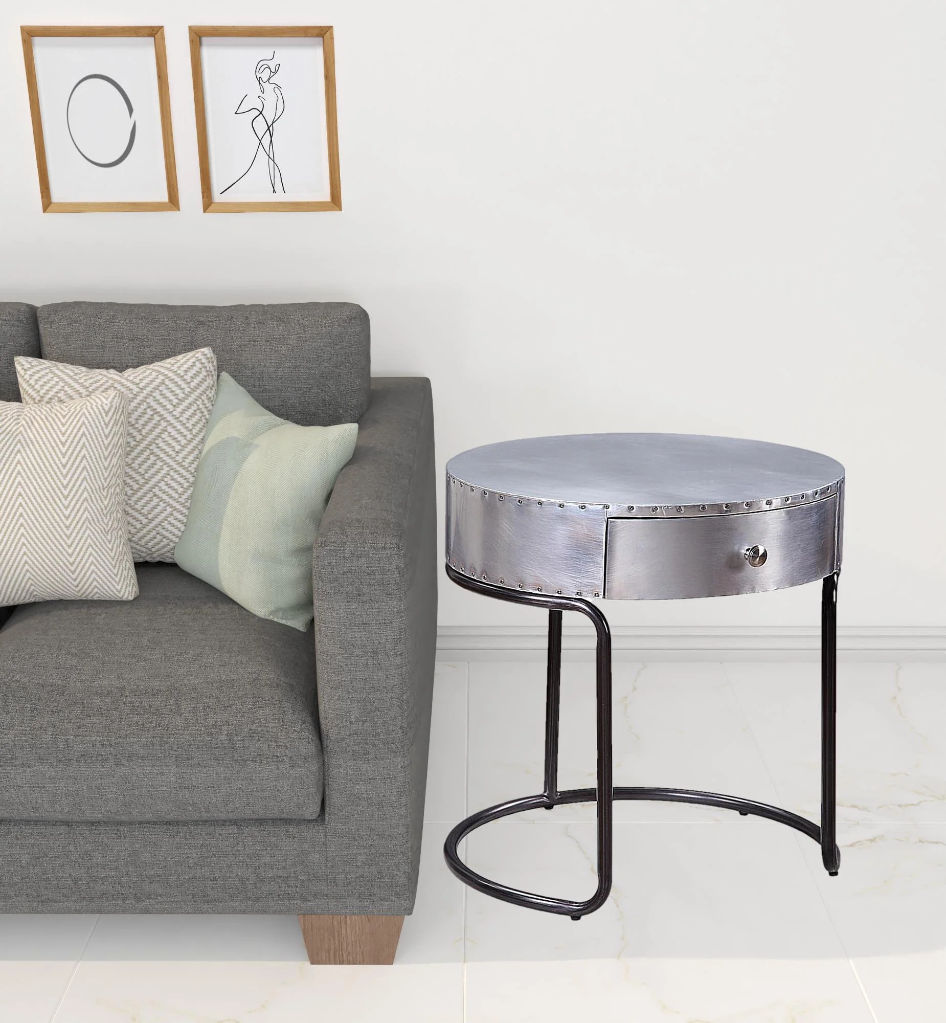 21" Aluminum And Manufactured Wood Round End Table With Drawer By Homeroots - Image 2