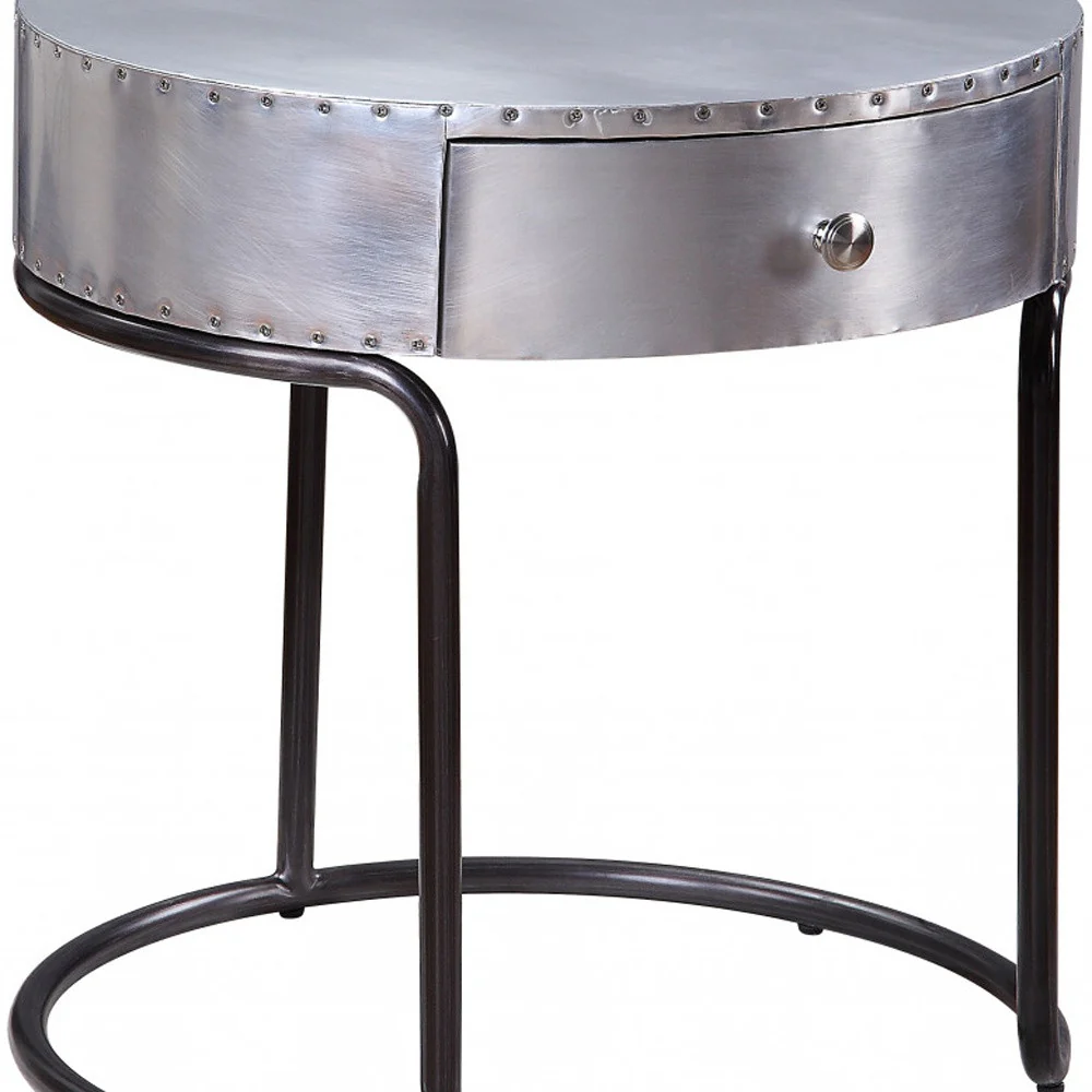 21" Aluminum And Manufactured Wood Round End Table With Drawer By Homeroots - Image 4