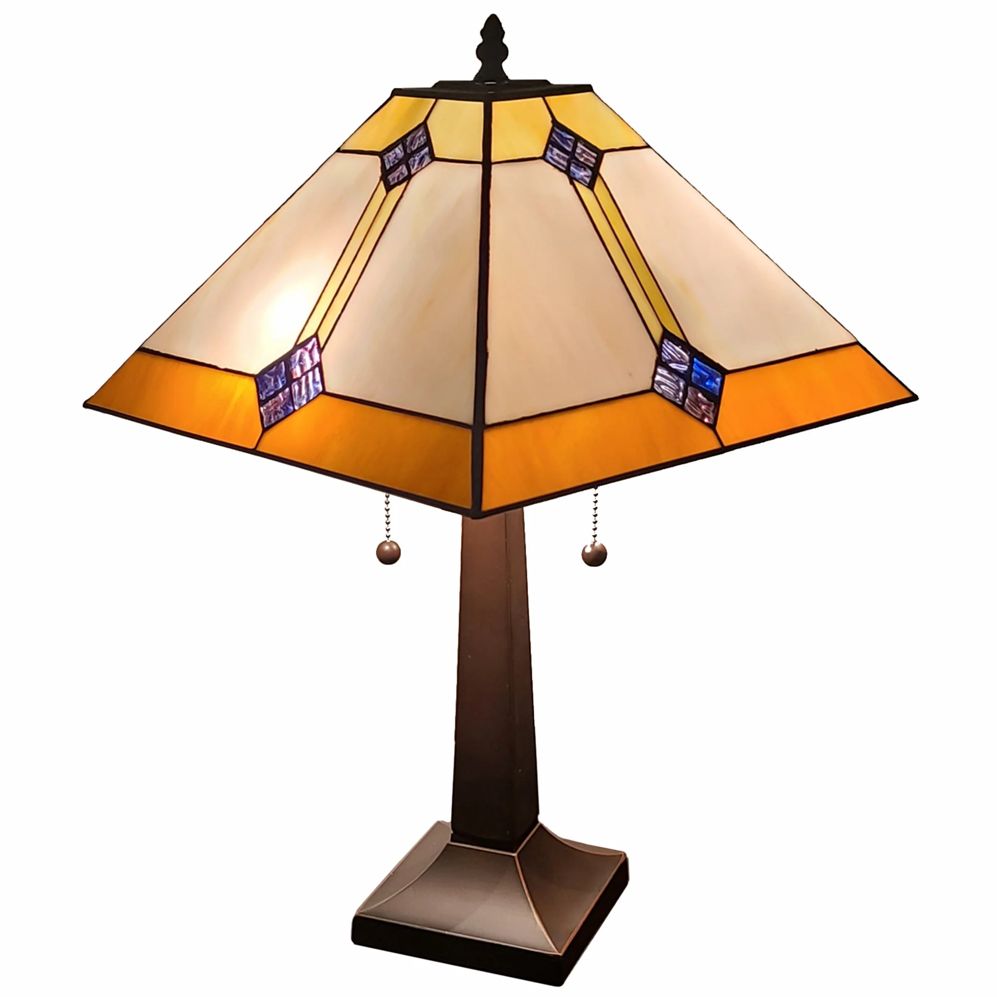 21" Amber Cream and Blue Stained Glass Two Light Mission Style Table Lamp By Homeroots - Image 2