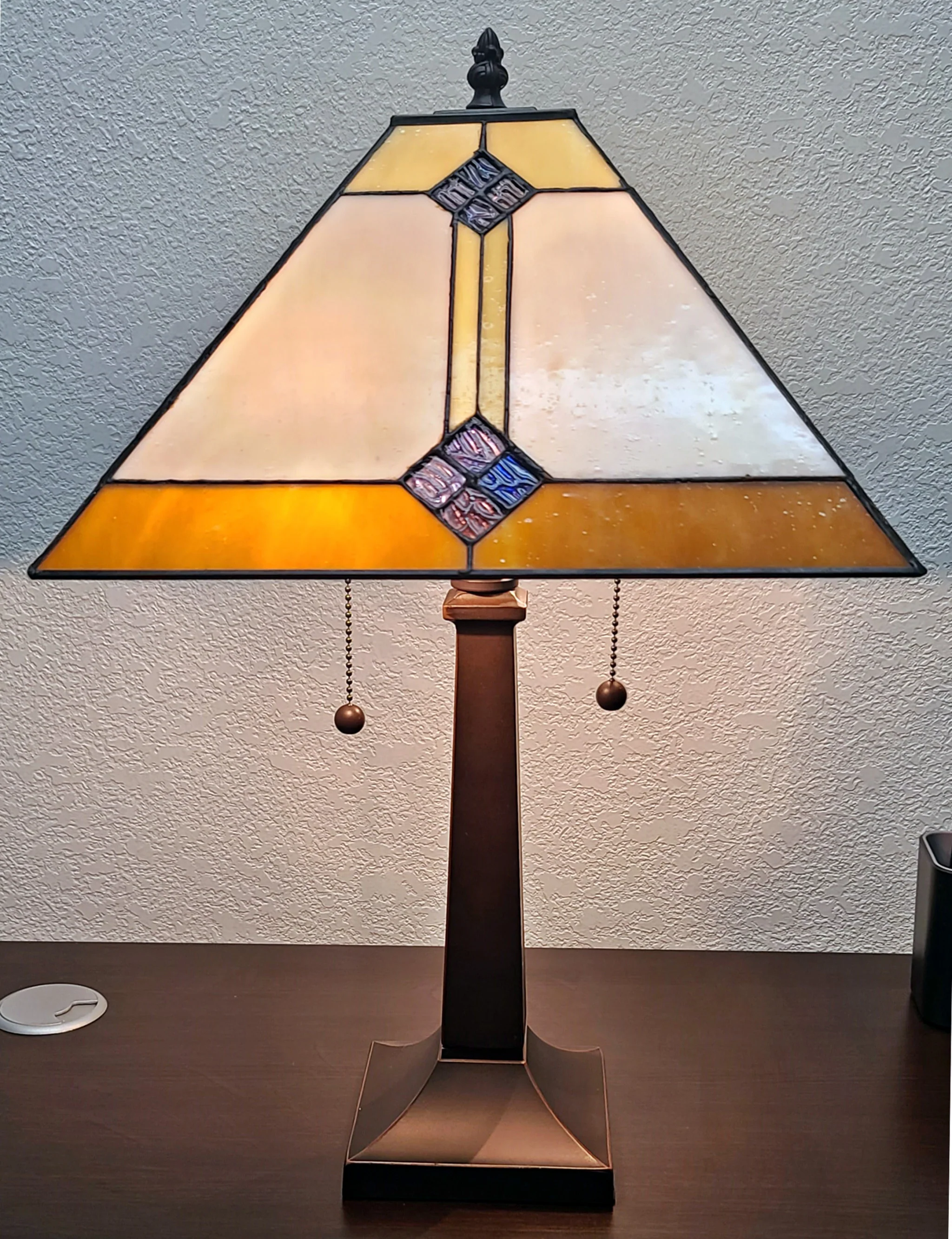 21" Amber Cream and Blue Stained Glass Two Light Mission Style Table Lamp By Homeroots - Image 3