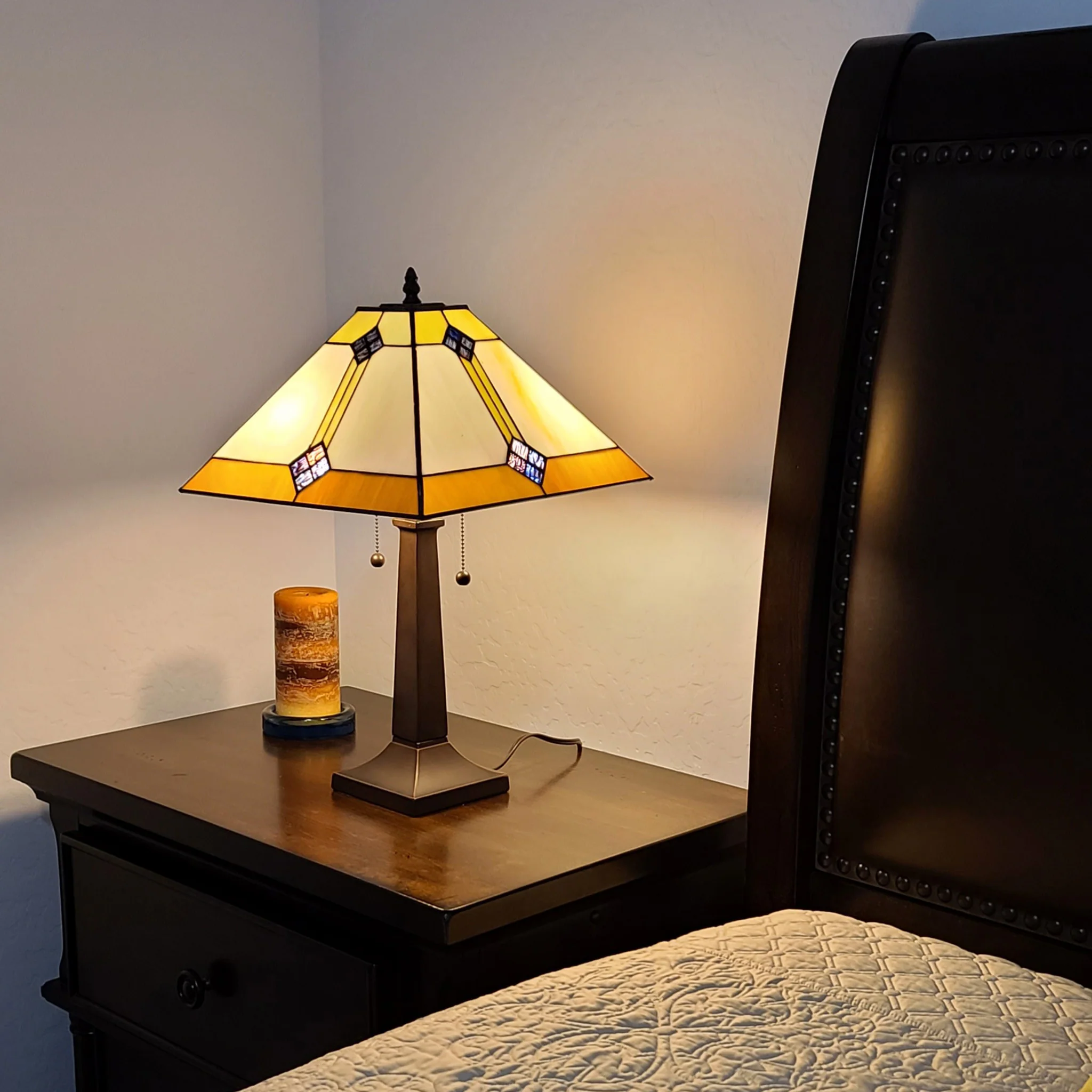 21" Amber Cream and Blue Stained Glass Two Light Mission Style Table Lamp By Homeroots - Image 4