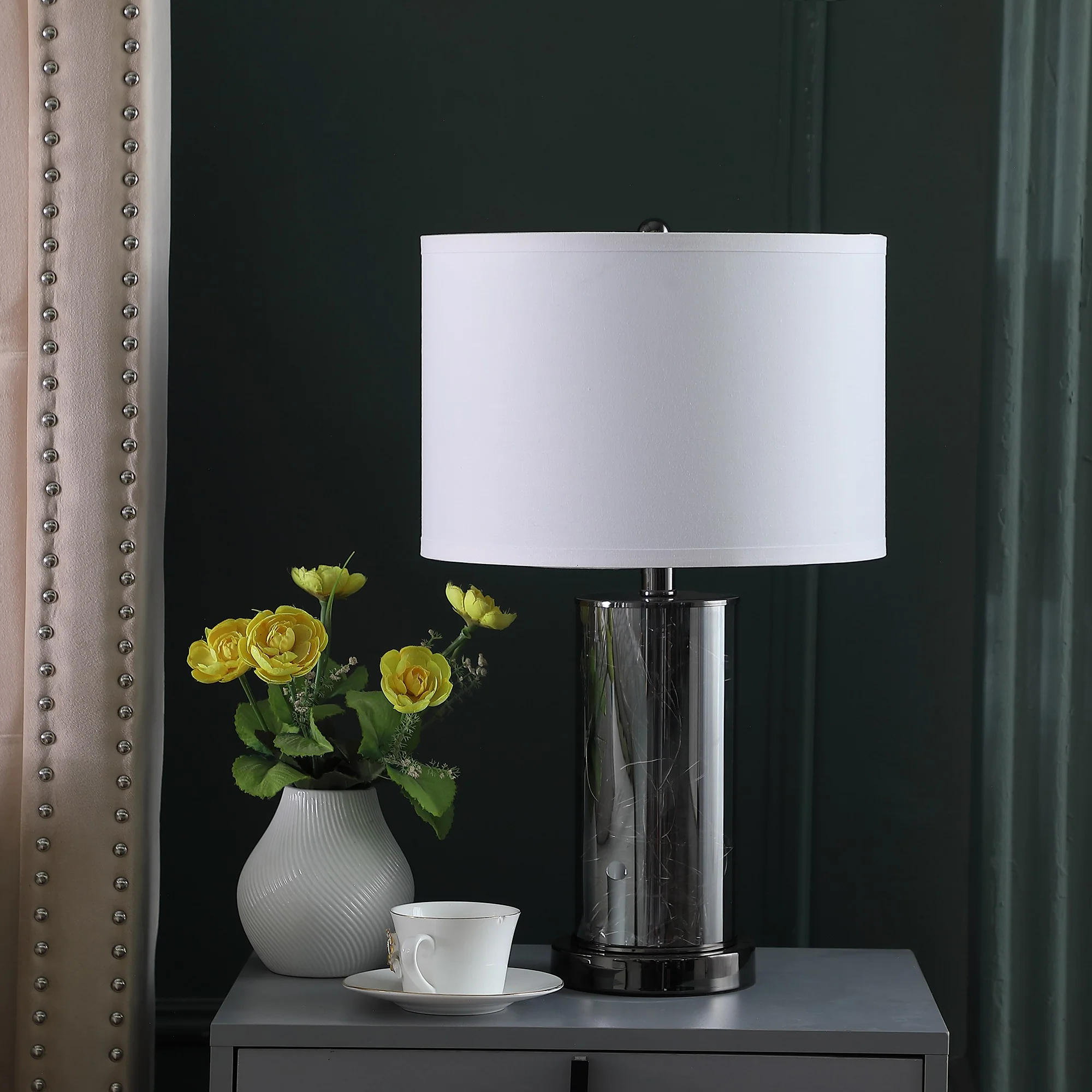 21" Glass LED Cylinder Table Lamp with Nightlight and White Drum Shade By Homeroots - Image 4