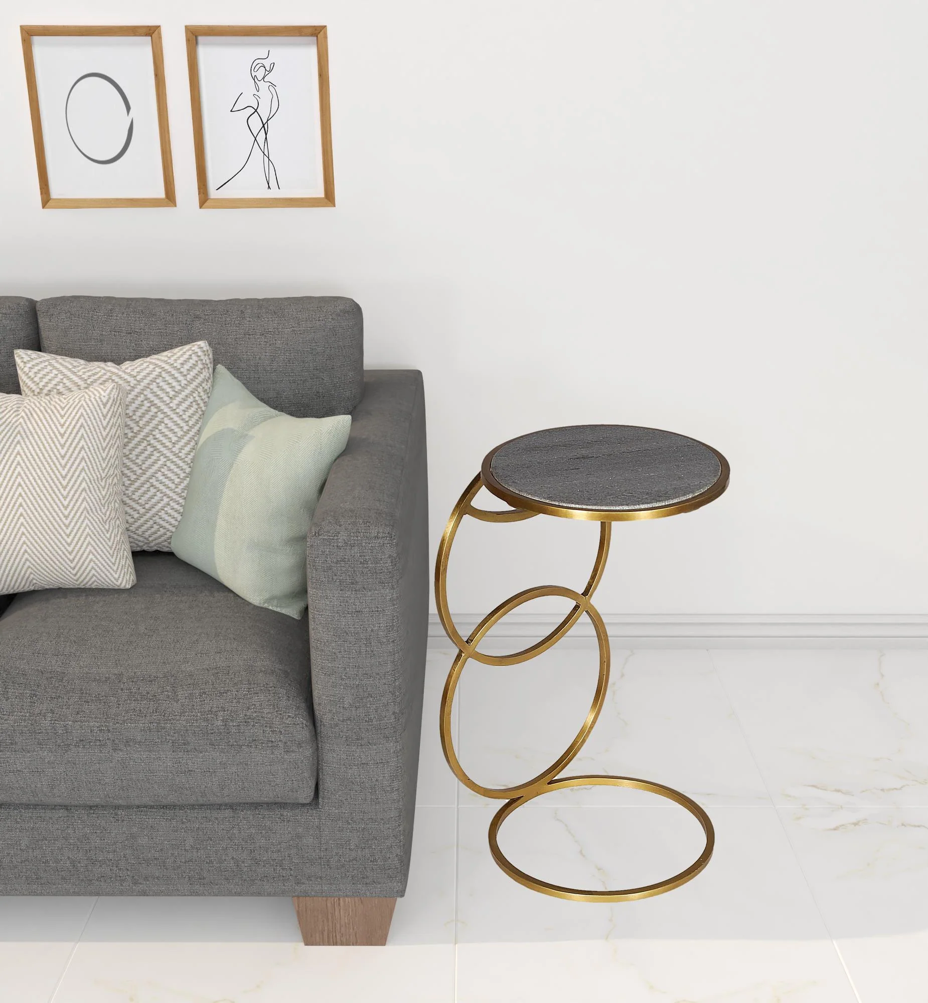 21" Gold And Gray Marble And Iron Round End Table By Homeroots - Image 2