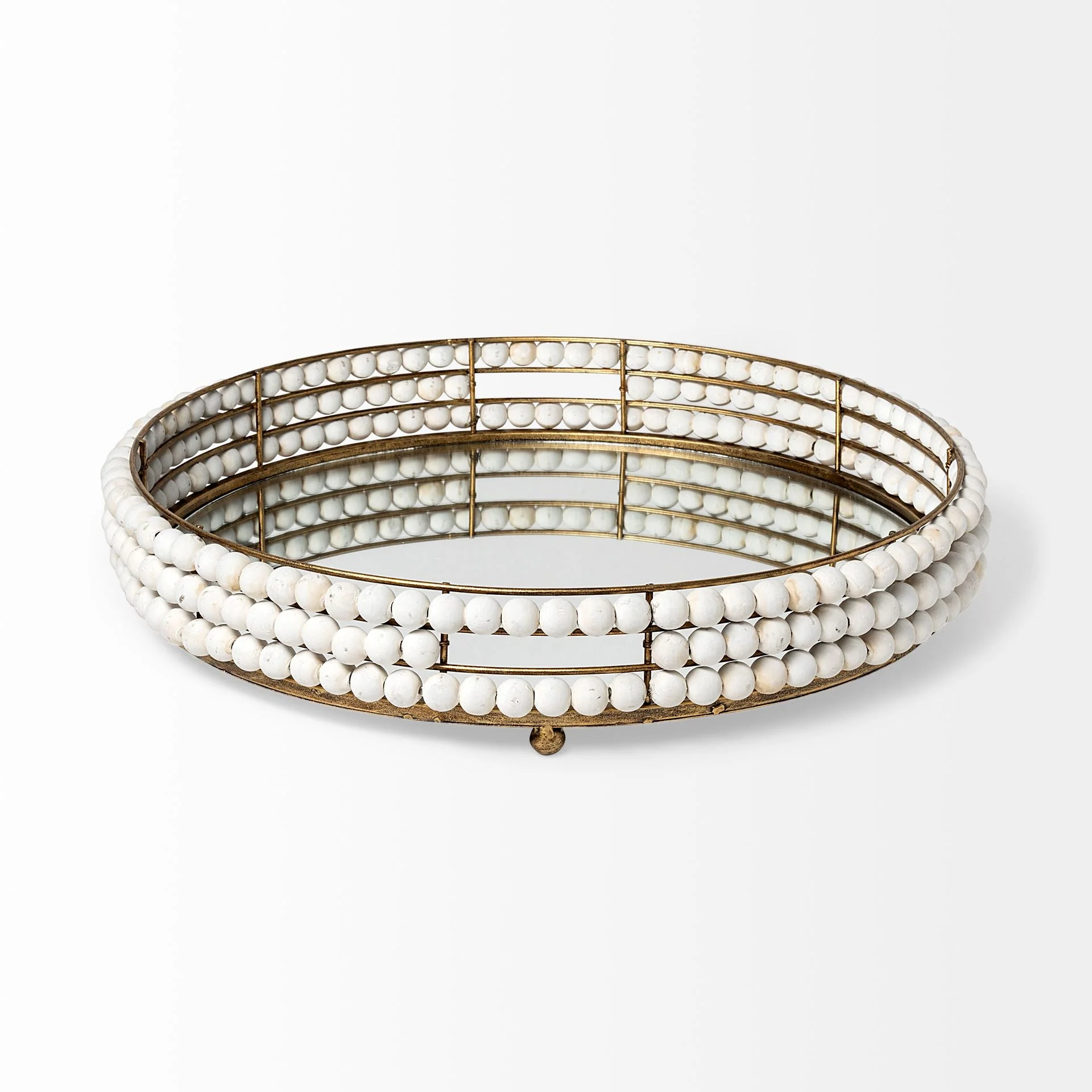 21' Gold Metal With Wooden Bead Frame And Mirrored Glass Bottom Round Tray By Homeroots - Image 2