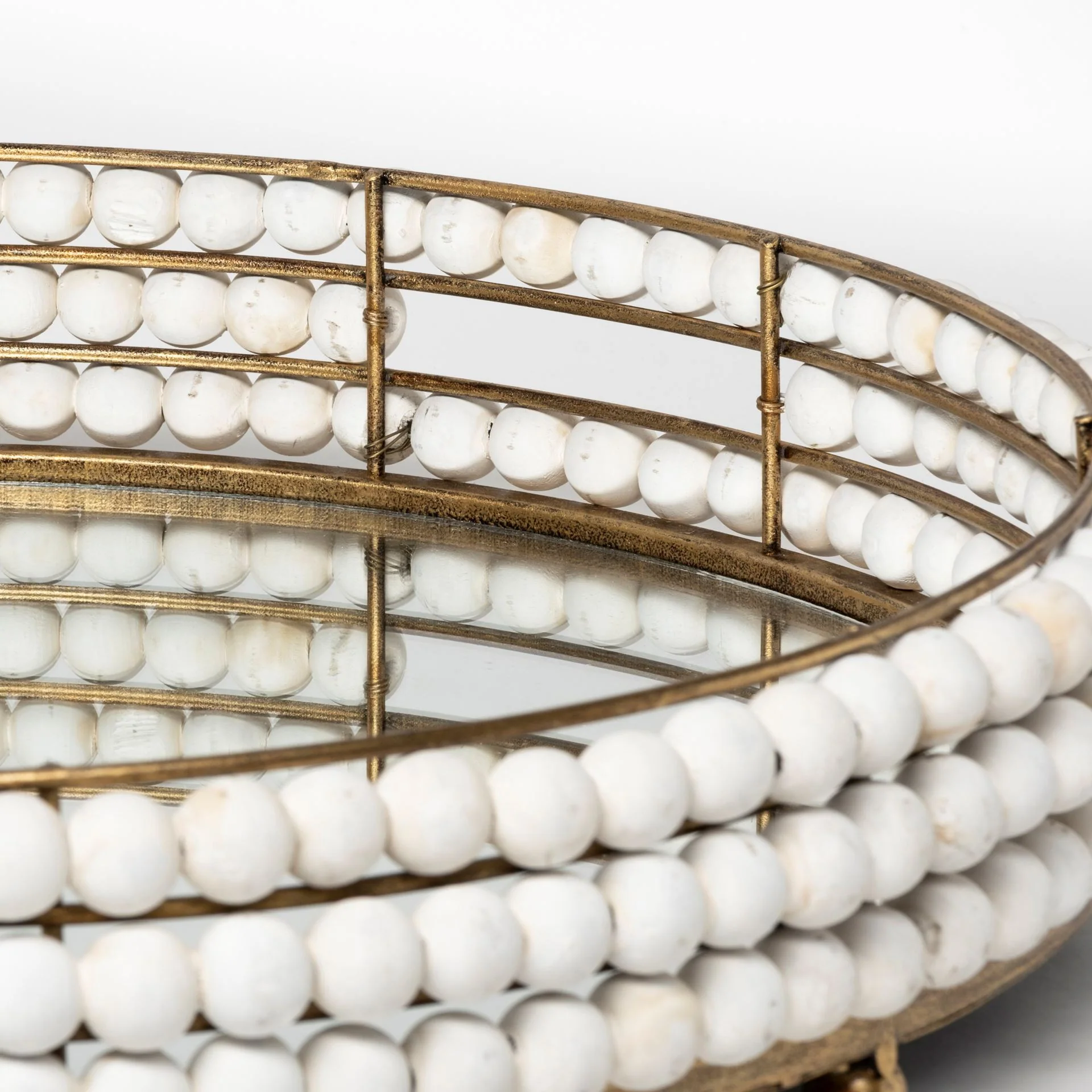 21' Gold Metal With Wooden Bead Frame And Mirrored Glass Bottom Round Tray By Homeroots - Image 4