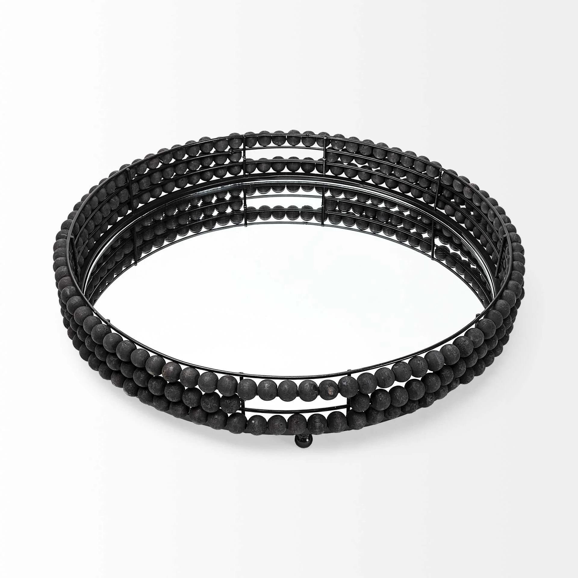 21' Matte Black Wood With Bead Mirrored Glass Bottom Round Tray By Homeroots - Image 2