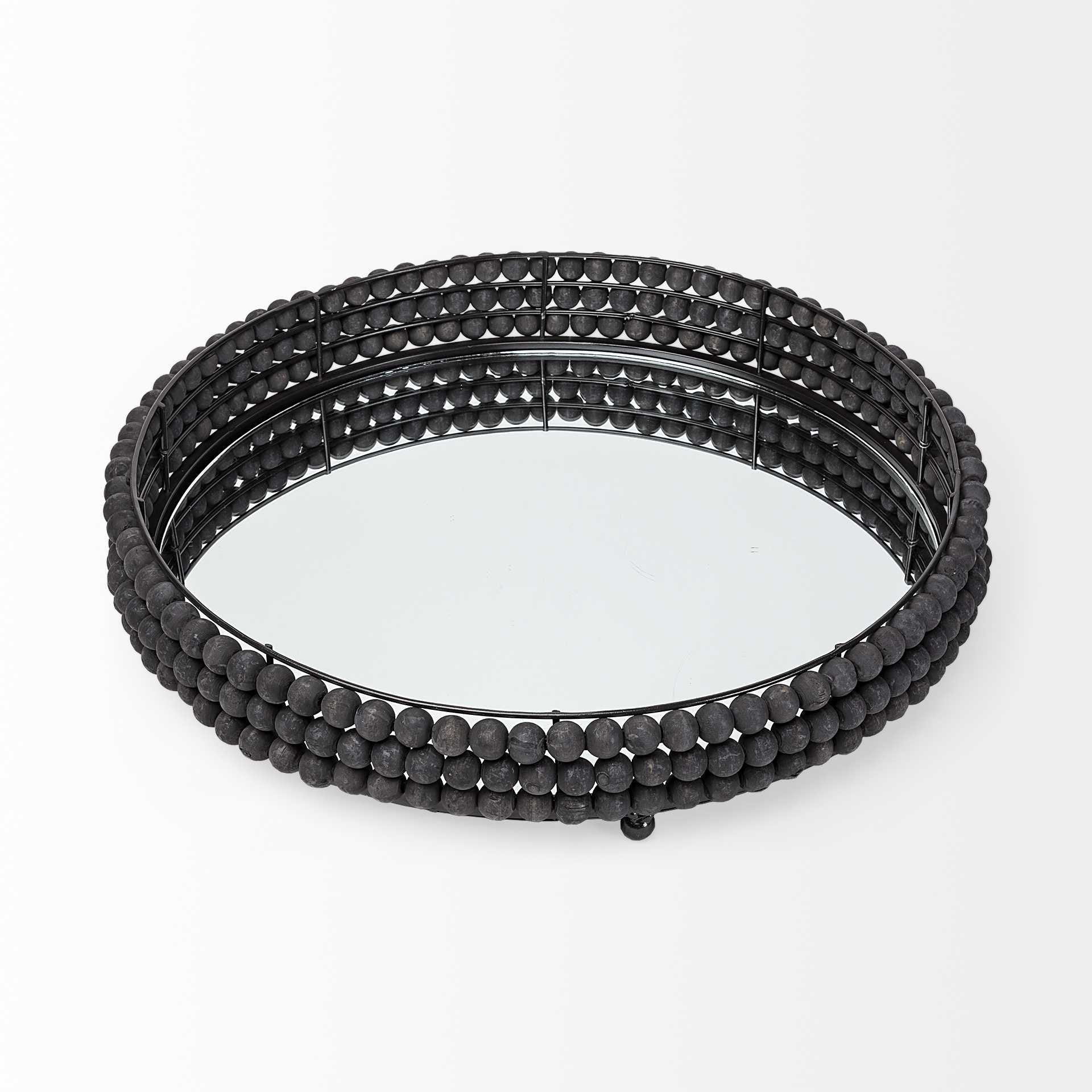 21' Matte Black Wood With Bead Mirrored Glass Bottom Round Tray By Homeroots - Image 3