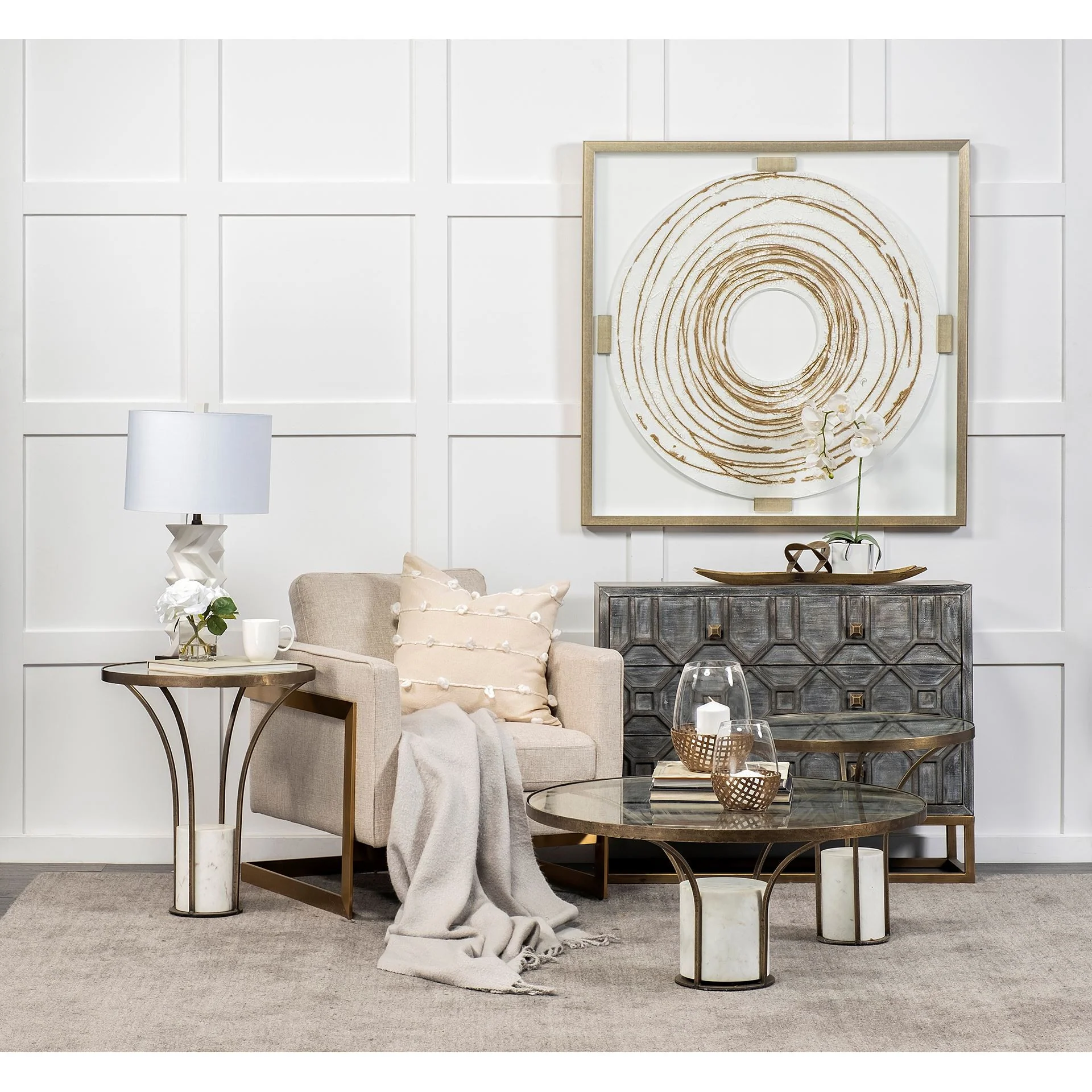 21' Round Glass Top End Table with Metal and Marble Pedestal By Homeroots - Image 7