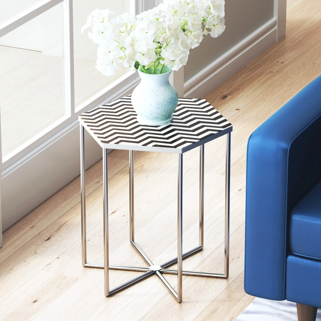 21" Silver And Black And White Stone Hexagon End Table By Homeroots - Image 9