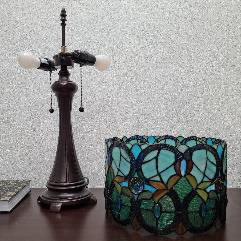 21" Stained Glass Two Light Jeweled Floral Drum Table Lamp By Homeroots - Image 4