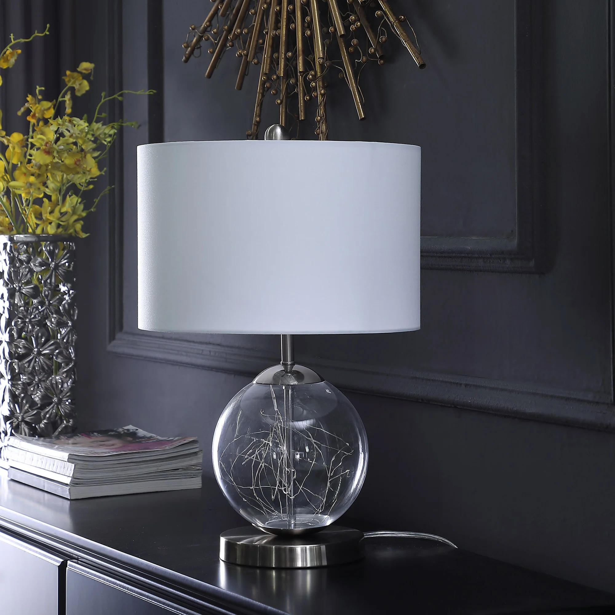 21" Translucent Glass Globe LED Table Lamp With White Drum Shade By Homeroots - Image 2