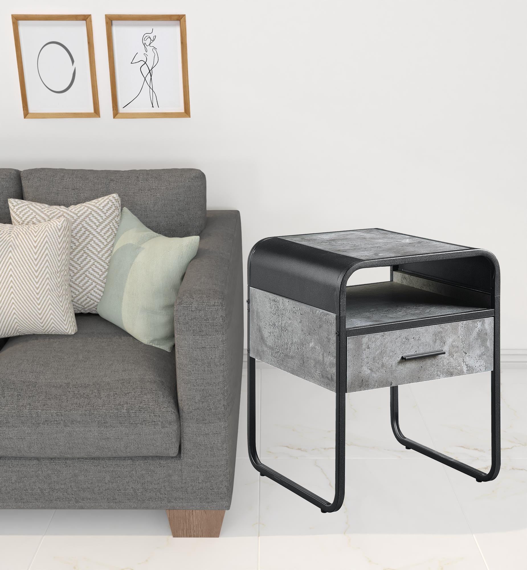 22" Black And Concrete Gray Manufactured Wood And Metal Square End Table With Drawer And Shelf By Homeroots - Image 3