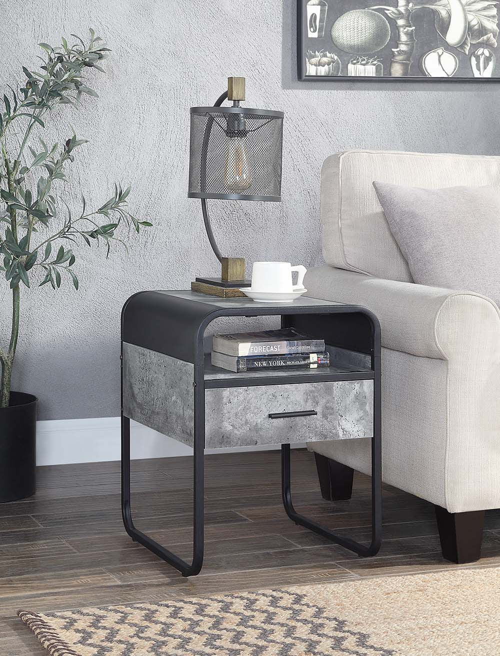 22" Black And Concrete Gray Manufactured Wood And Metal Square End Table With Drawer And Shelf By Homeroots - Image 6