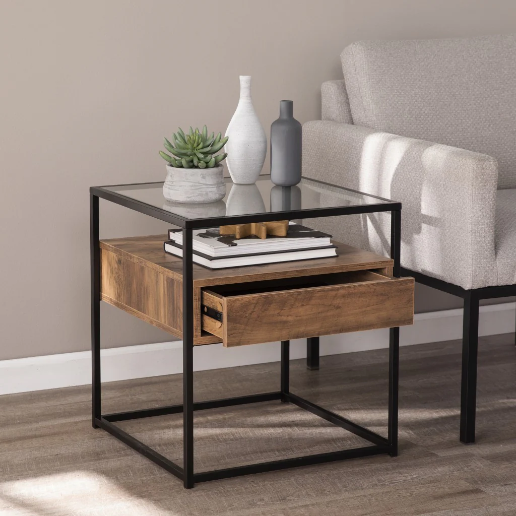 22" Black Glass And Iron Square End Table With Drawer With Shelf By Homeroots - Image 2