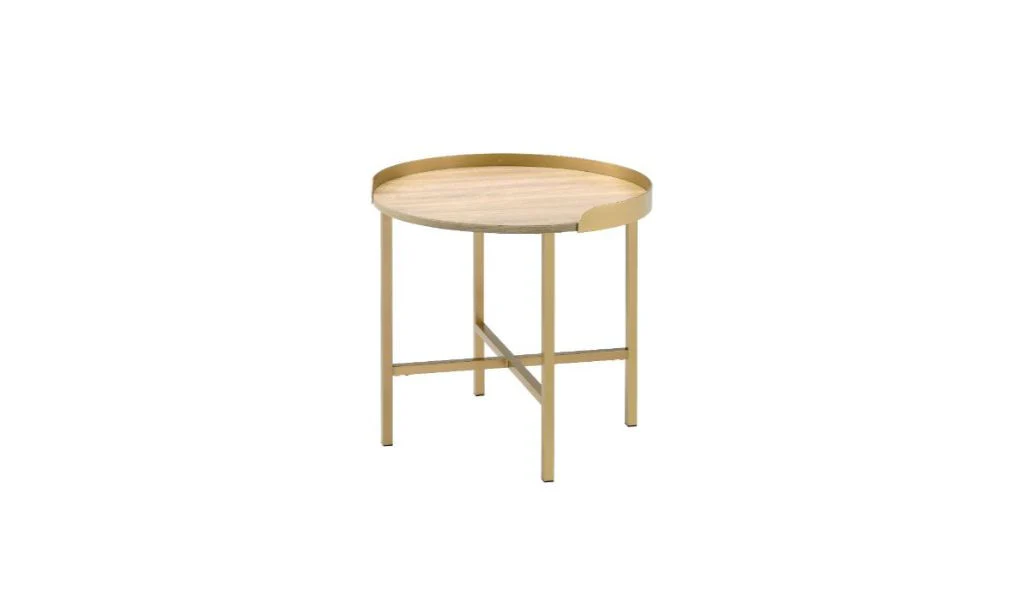 22" Gold And Oak Manufactured Wood And Metal Round End Table By Homeroots - Image 2