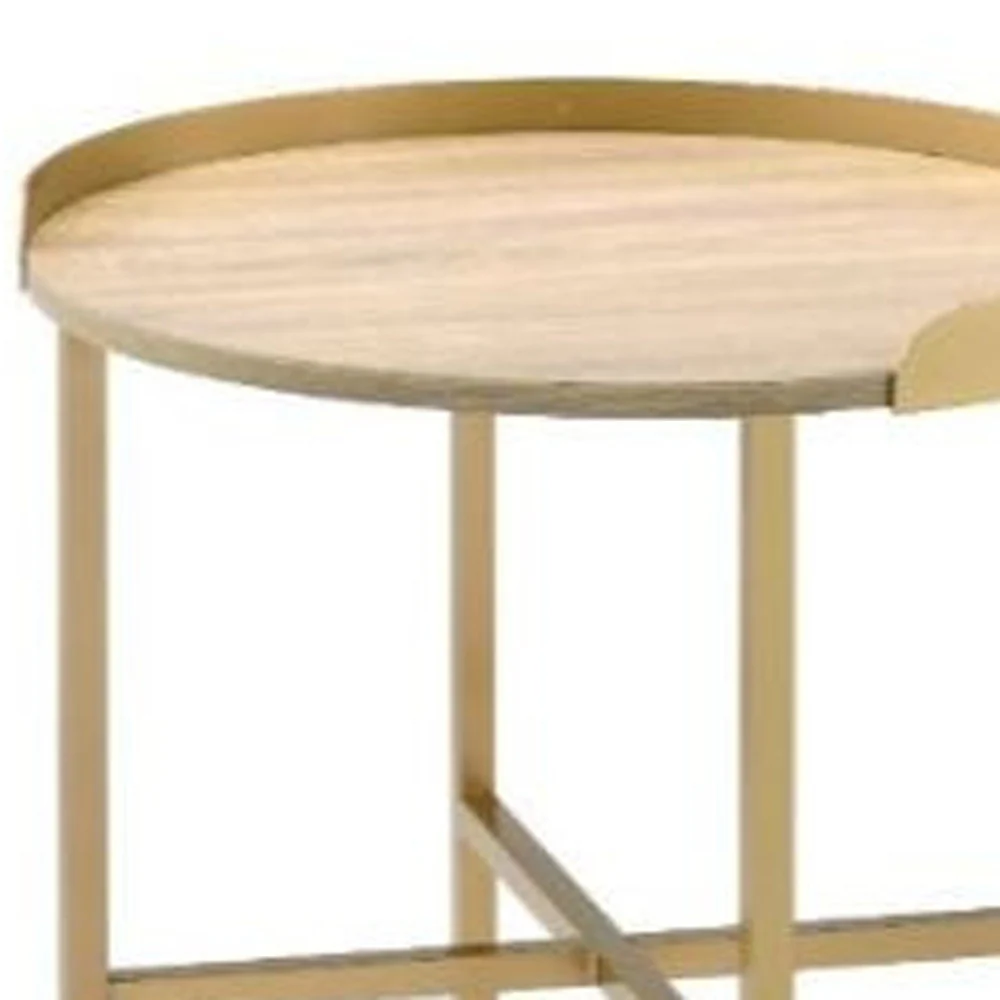 22" Gold And Oak Manufactured Wood And Metal Round End Table By Homeroots - Image 3