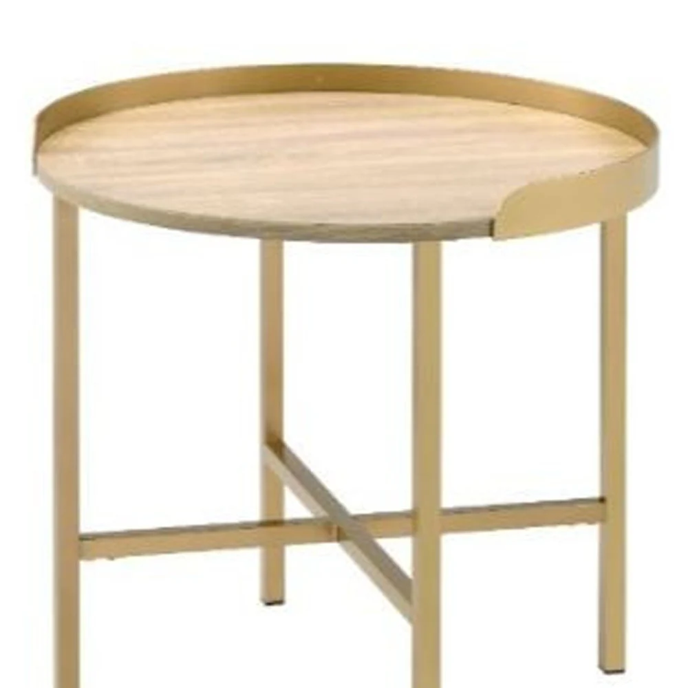 22" Gold And Oak Manufactured Wood And Metal Round End Table By Homeroots - Image 4