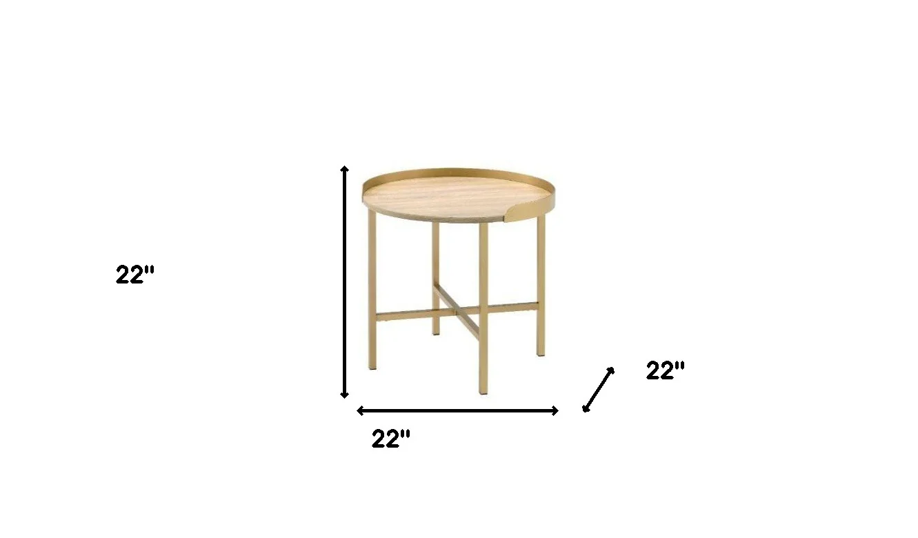 22" Gold And Oak Manufactured Wood And Metal Round End Table By Homeroots - Image 5