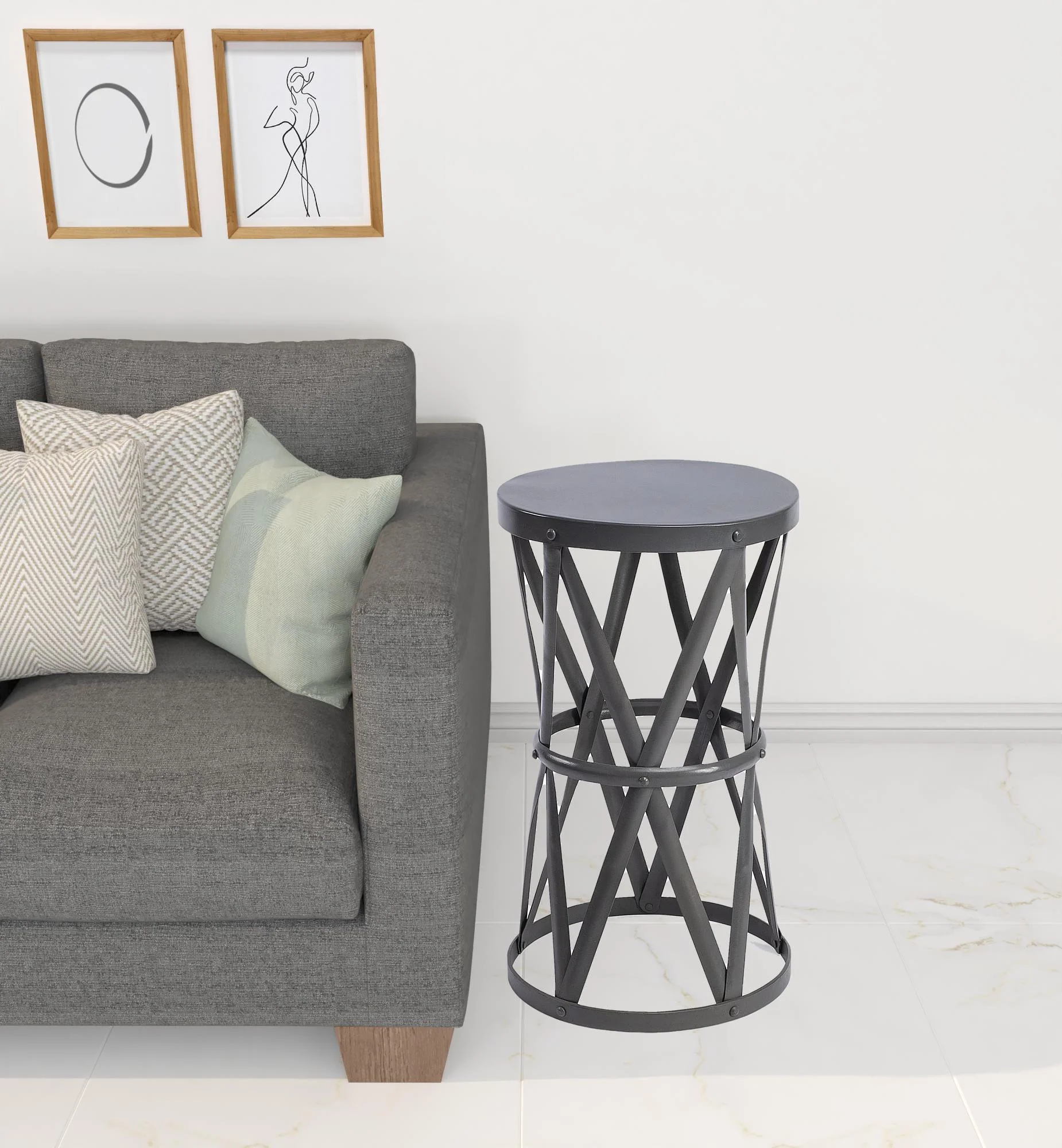 22" Gray Iron Hourglass Base Round Top End Table By Homeroots - Image 5