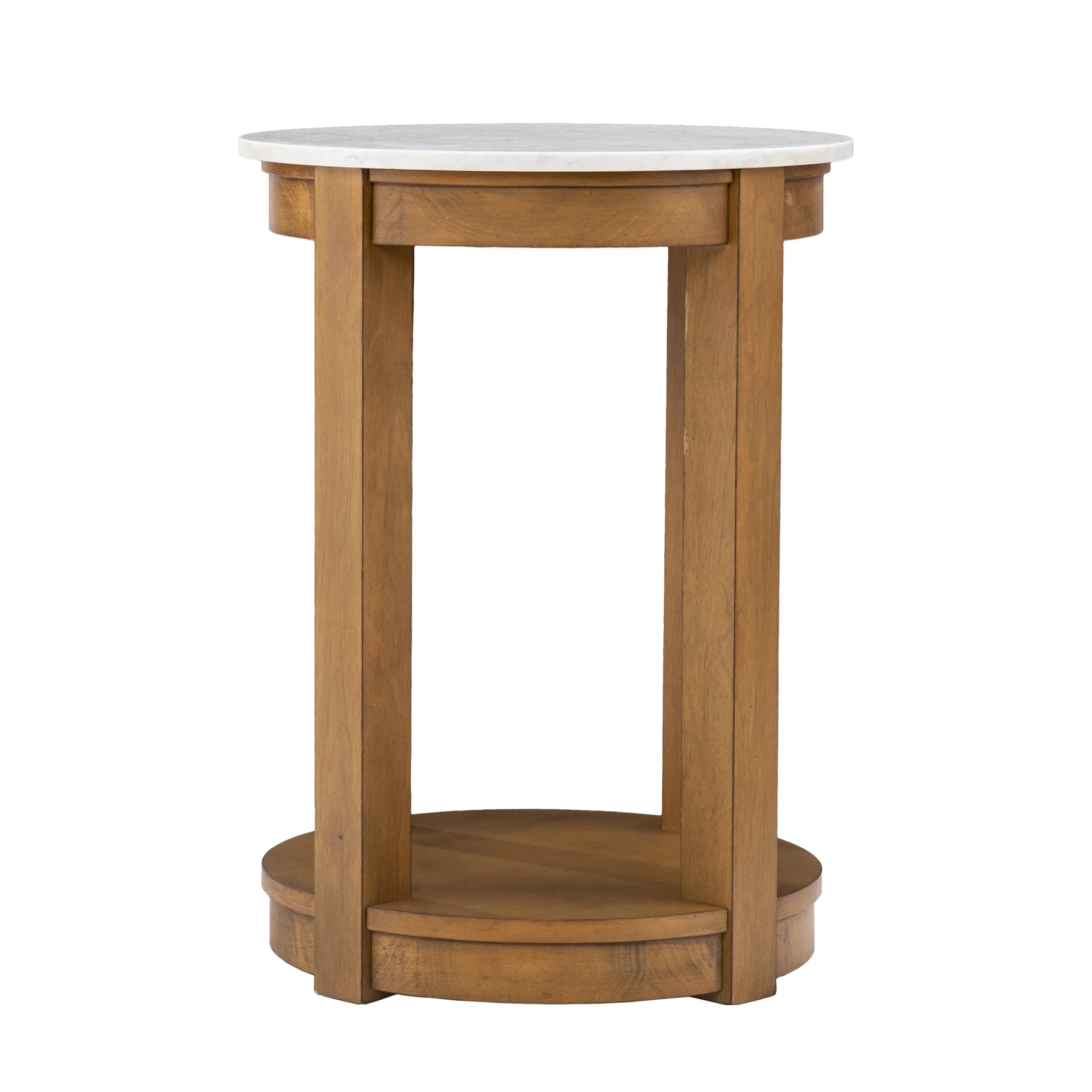 22" Natural Wood And White Faux Marble Manufactured Wood Round End Table With Shelf By Homeroots - Image 2
