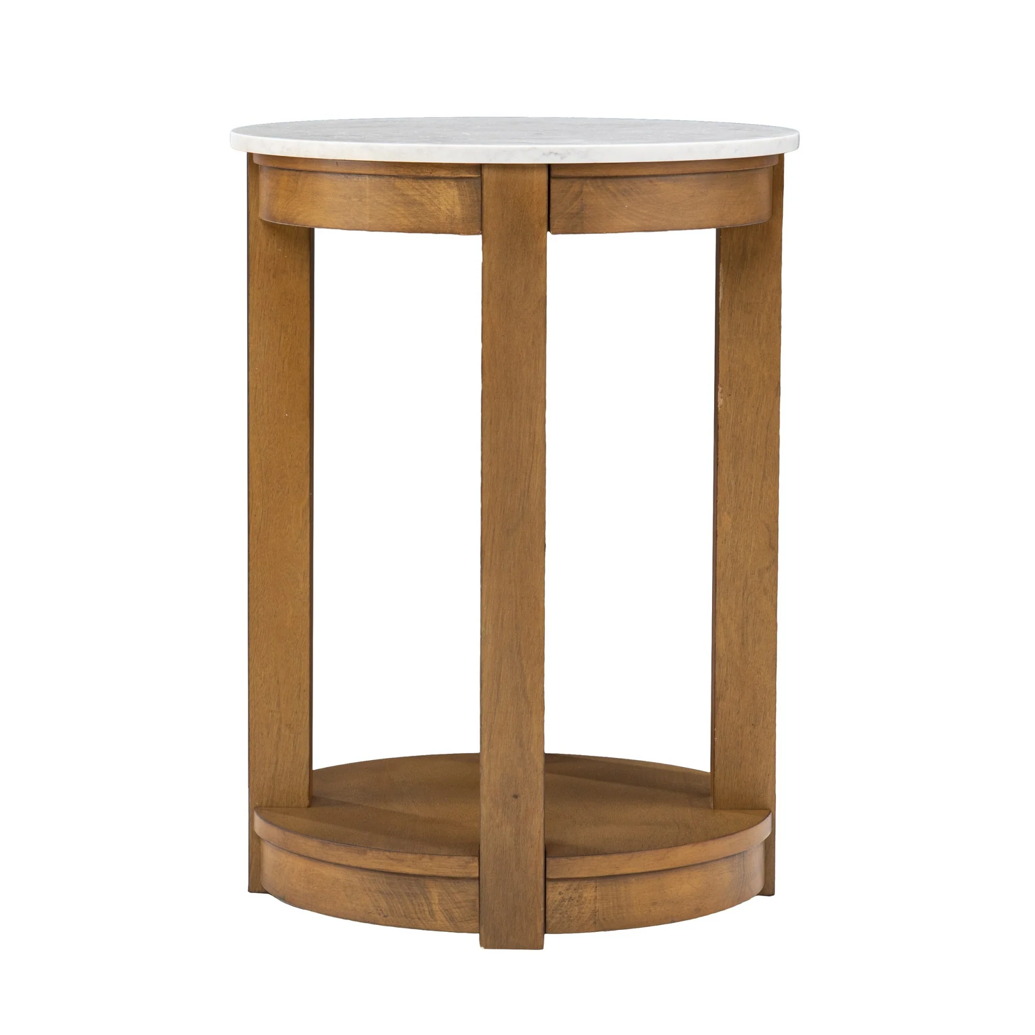 22" Natural Wood And White Faux Marble Manufactured Wood Round End Table With Shelf By Homeroots - Image 4