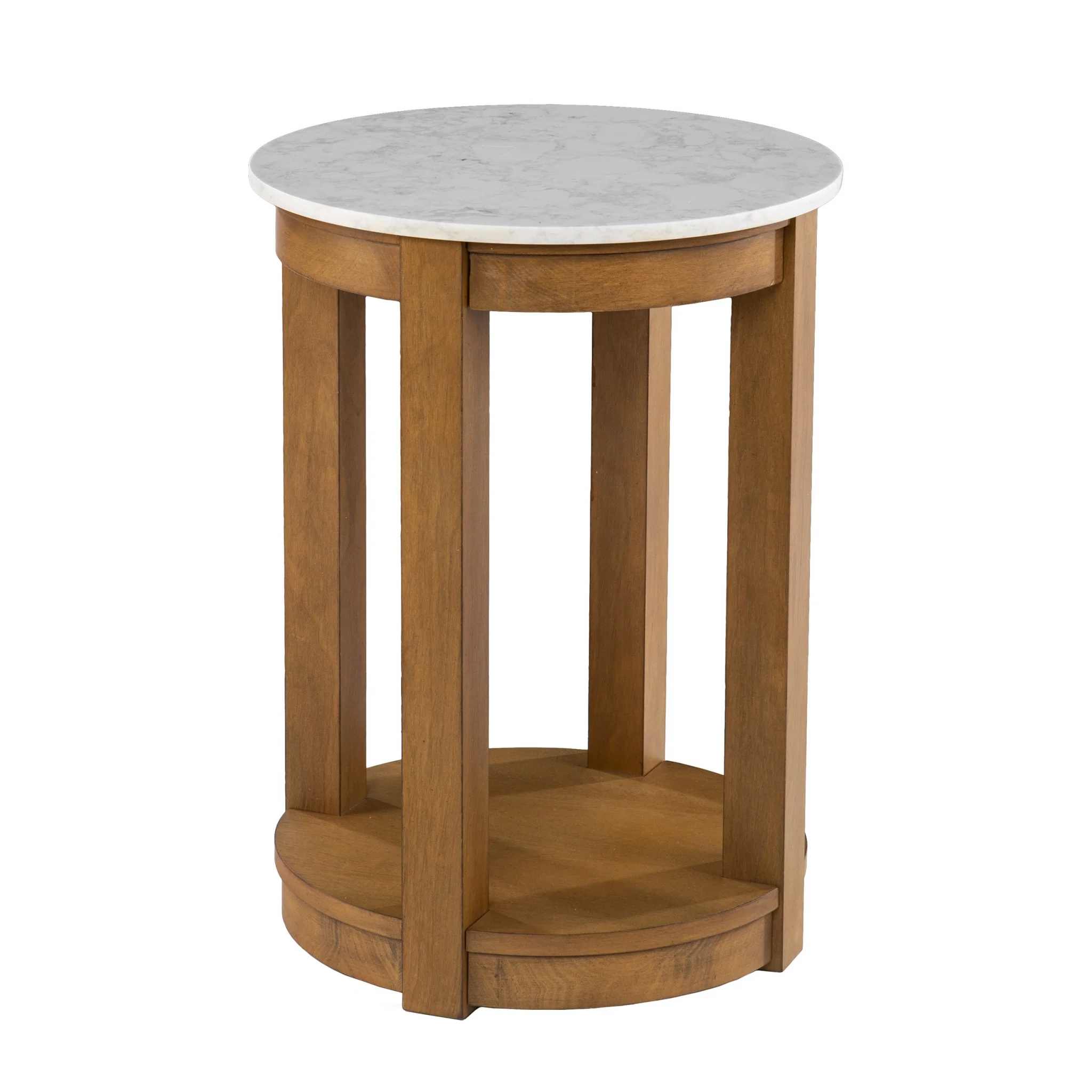 22" Natural Wood And White Faux Marble Manufactured Wood Round End Table With Shelf By Homeroots - Image 8