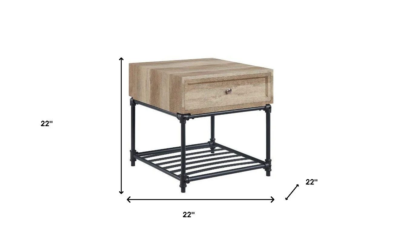 22" Sandy Black And Oak Manufactured Wood And Metal Square End Table With Drawer And Shelf By Homeroots - Image 9
