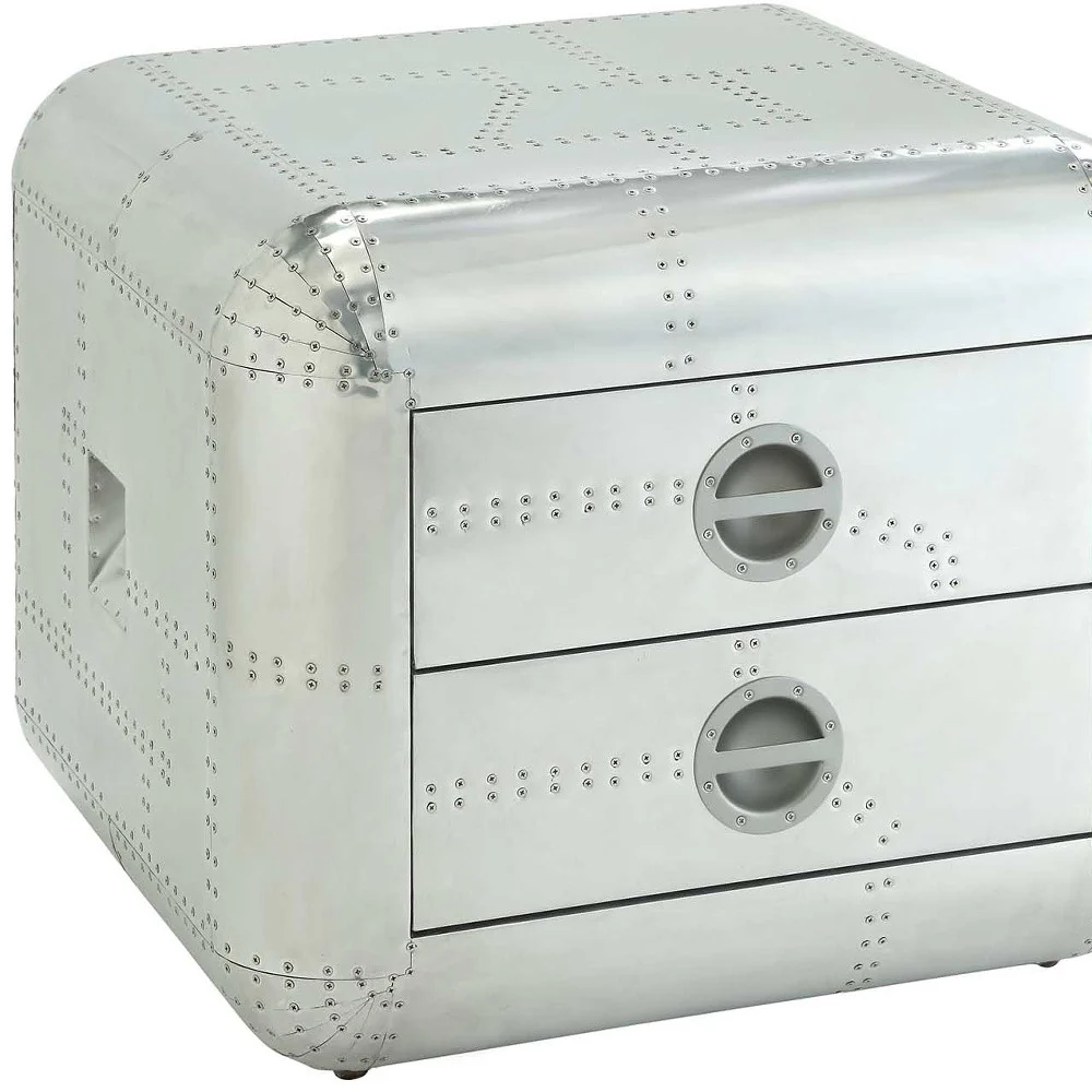 22" Silver Aluminum Aviator Trunk Style Square End Table With Two Drawers By Homeroots - Image 3