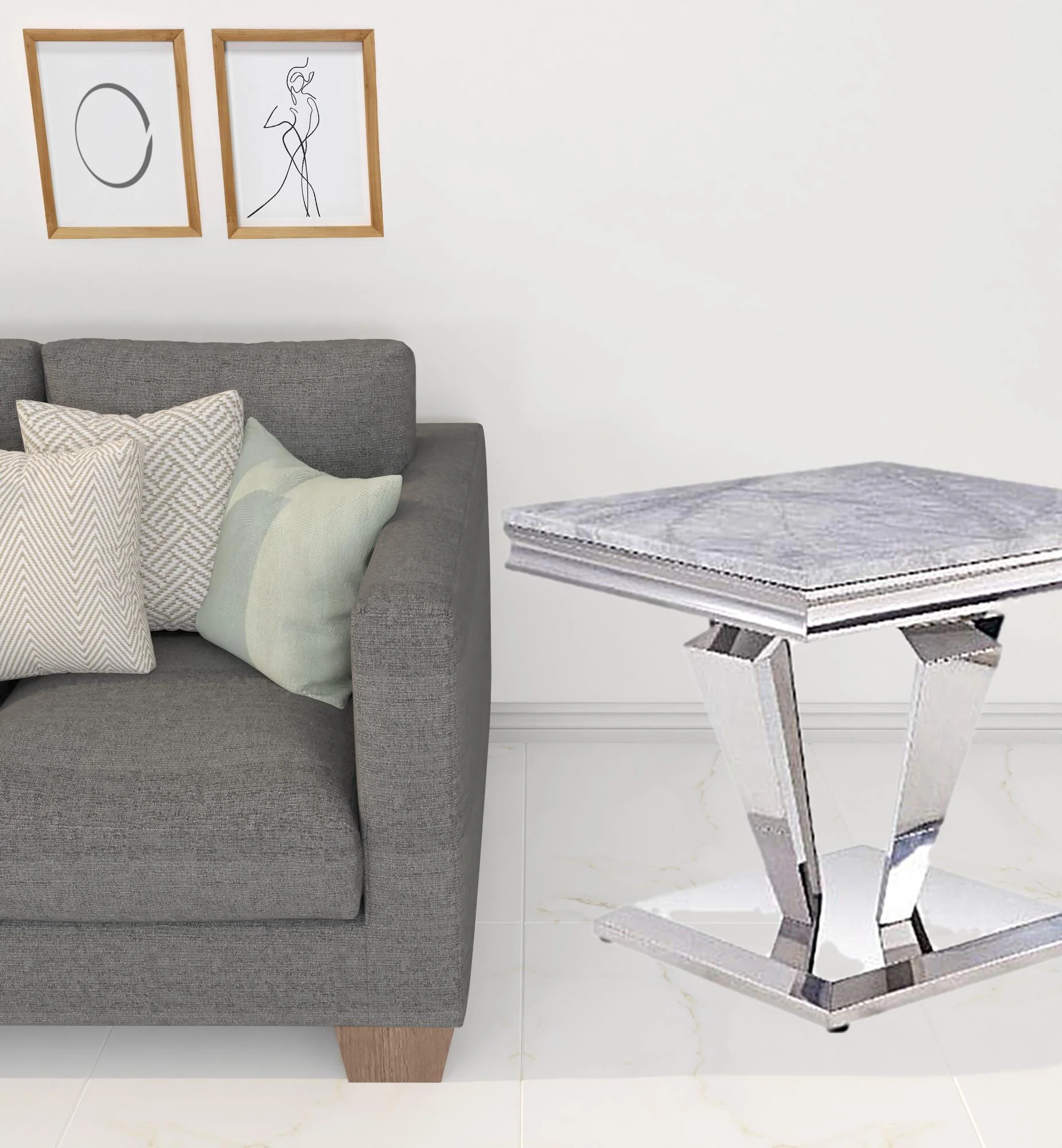 22" Silver And Light Gray Marble Look And Stainless Steel Square End Table By Homeroots - Image 2